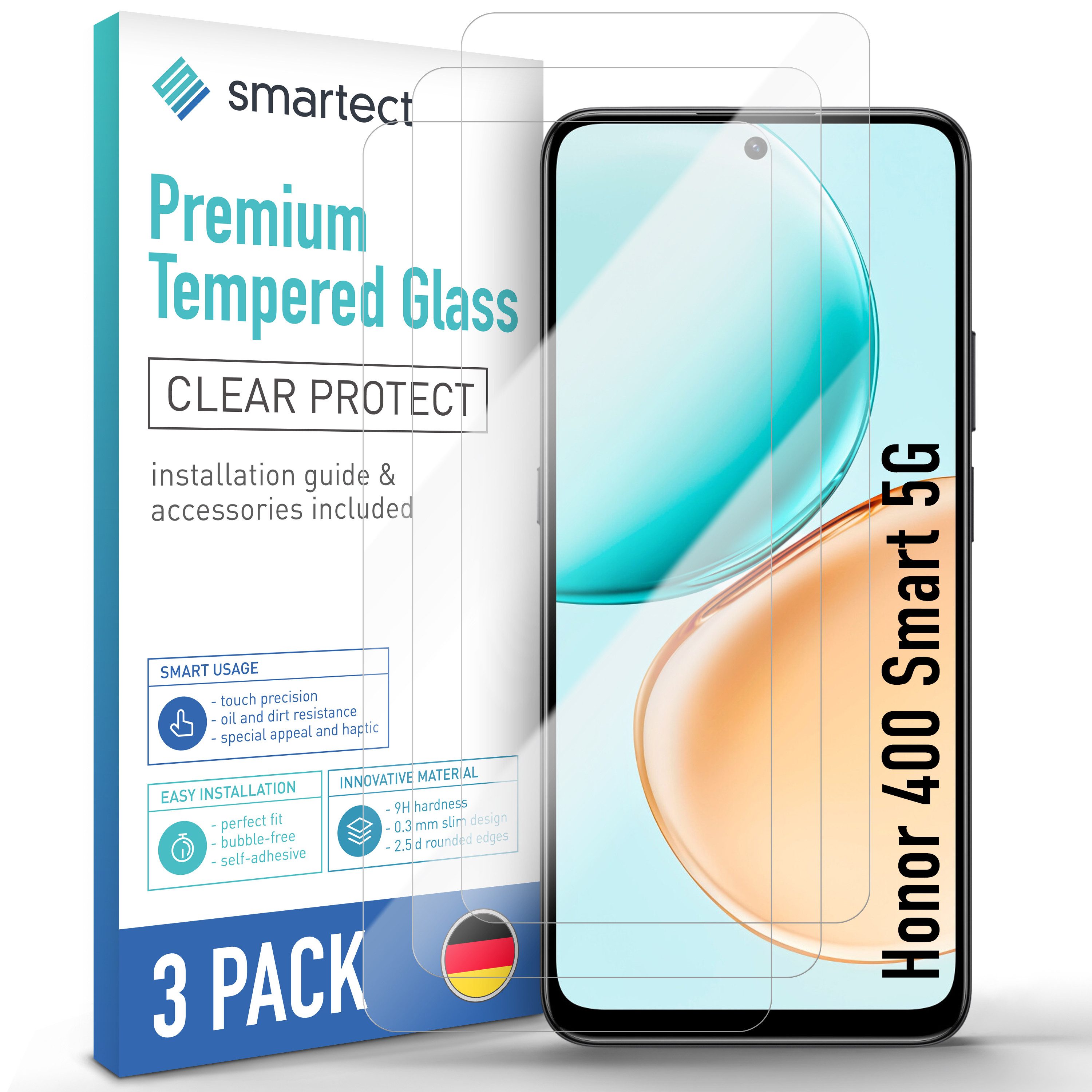 smartect Displayschutzglas Schutzglas Panzerfolie Klar für Honor 400 Smart 5G, Set, 3 Stück, Schutzfolie Glasschutz Bildschirm