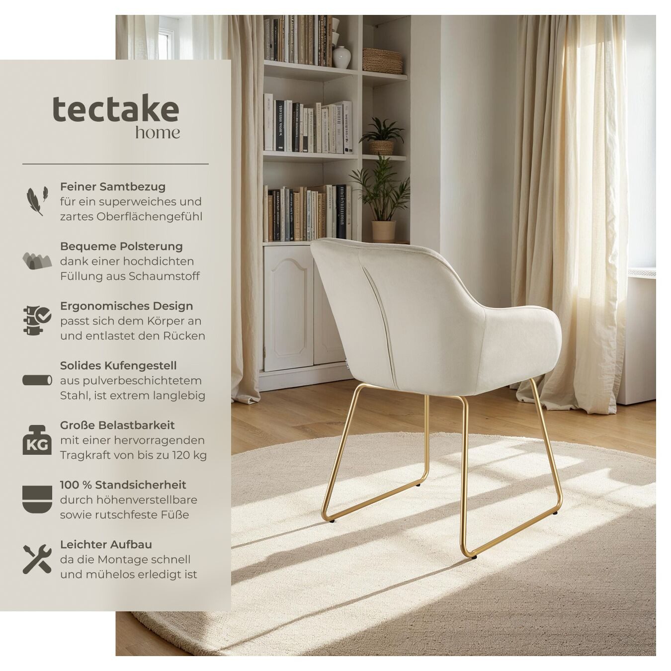tectake Esszimmerstuhl Polsterseesel in Samtoptik, Belastbarkeit 120 kg, 57 x 61 x 85,5 cm (Küchenstuhl Jeane in Samtoptik creme/gold, 1 St), höhenverstellbare Füße, durchgehende Lehne, Kufengestell aus Stahl