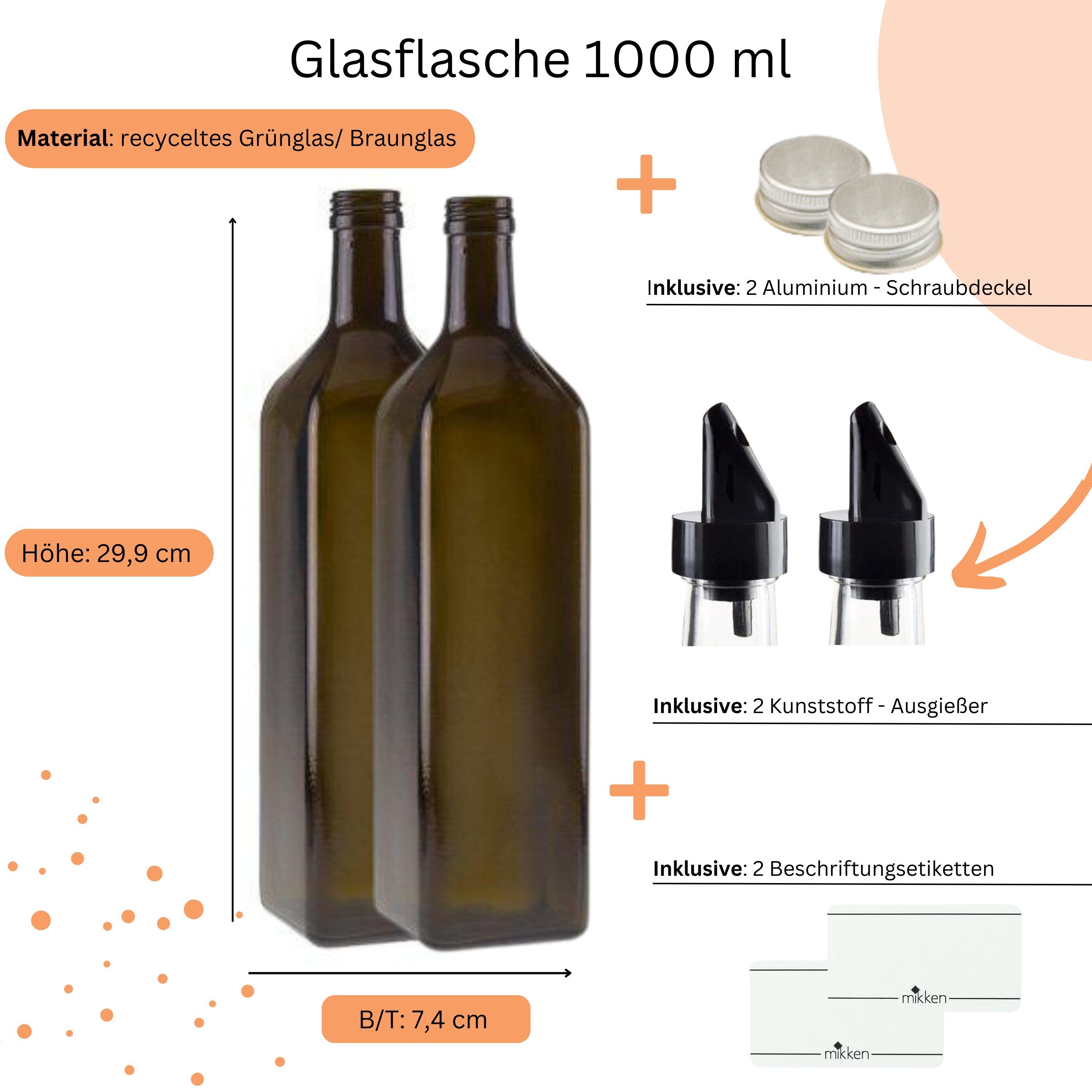 mikken Ölspender 2er Set Ölflaschen 100-1000 ml Glasflasche braun/grün mit Ausgießer, UV-Schutz – Bild 3 von 3