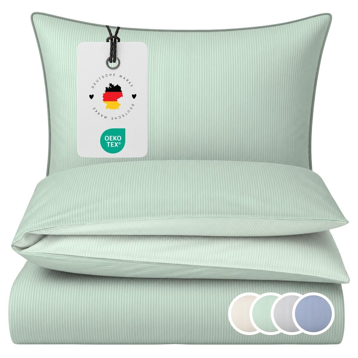 Carpe Sonno Wendebettwäsche Mako Satin Bettwäsche 135 x 200 155 x 220 Streifen Baumwolle OEKO-TEX, Mako-Satin, 2 teilig, Makosatin Bettbezug / Paspel & Nadelstreifen / Grün 135x200