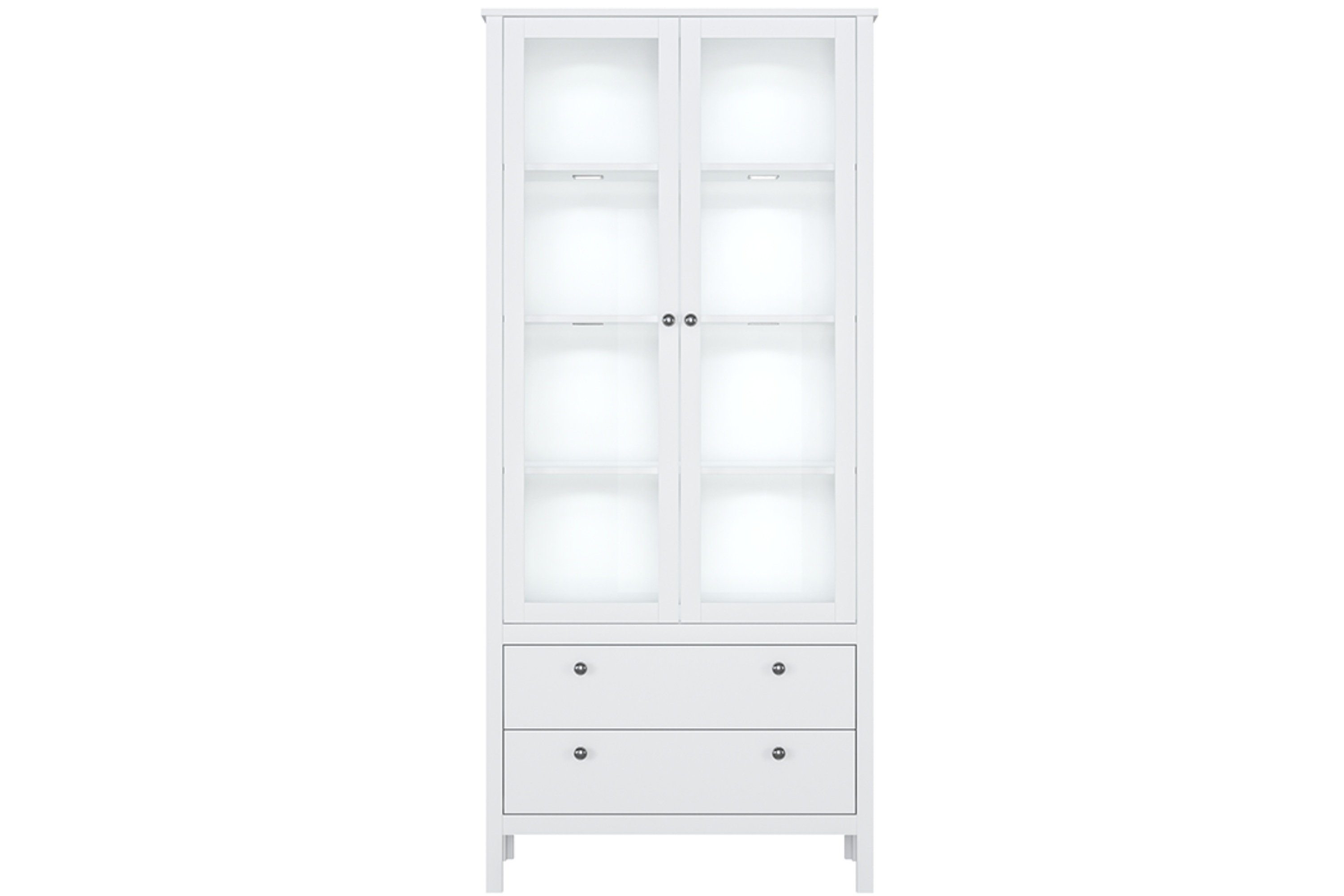 KONSIMO® Glasvitrine FARGE Vitrinenschränke Standvitrine mit Glastüren, ABS-Kanten, hohe Beine, zwei geräumige Schubladen