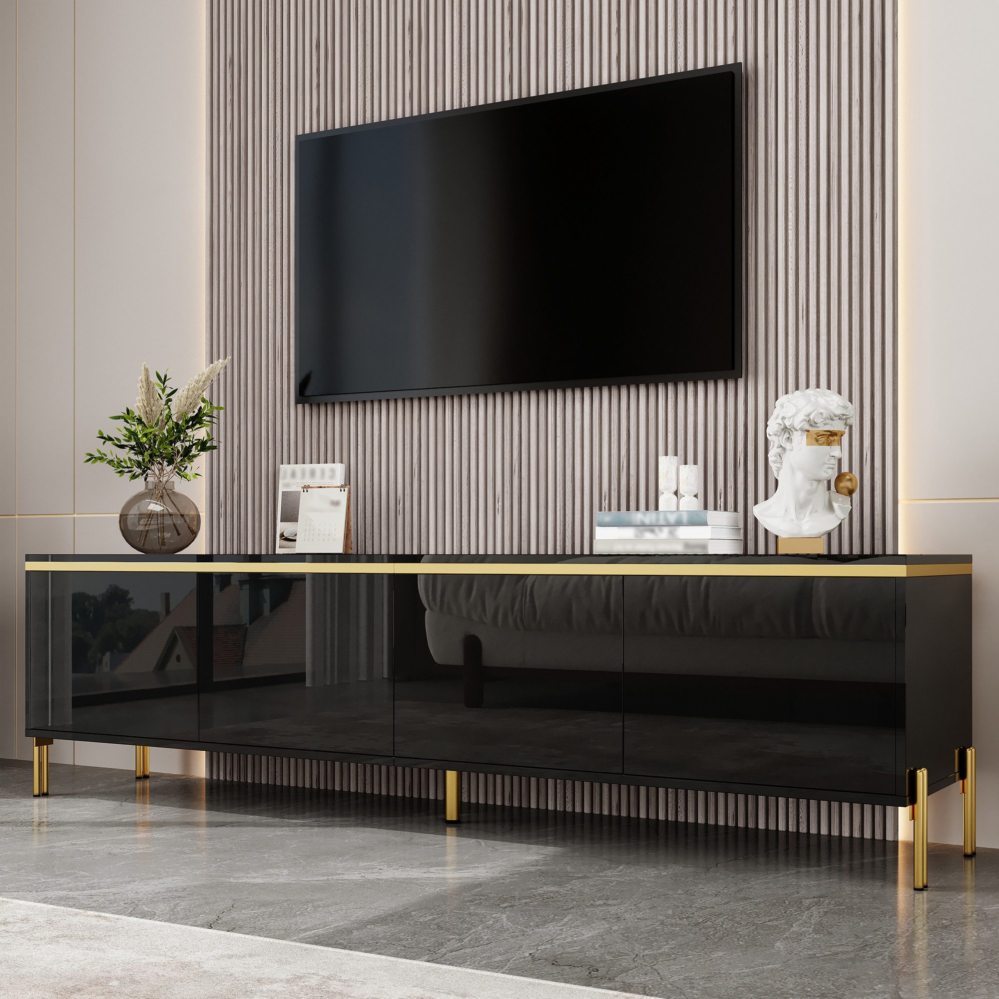 Merax Lowboard hochglanz TV-Ständer mit goldenen Zierelementen & Kabeldurchführungen (1 St), TV-Schrank mit 4 Schranktüren und Metallbeinen, 170x38x50cm