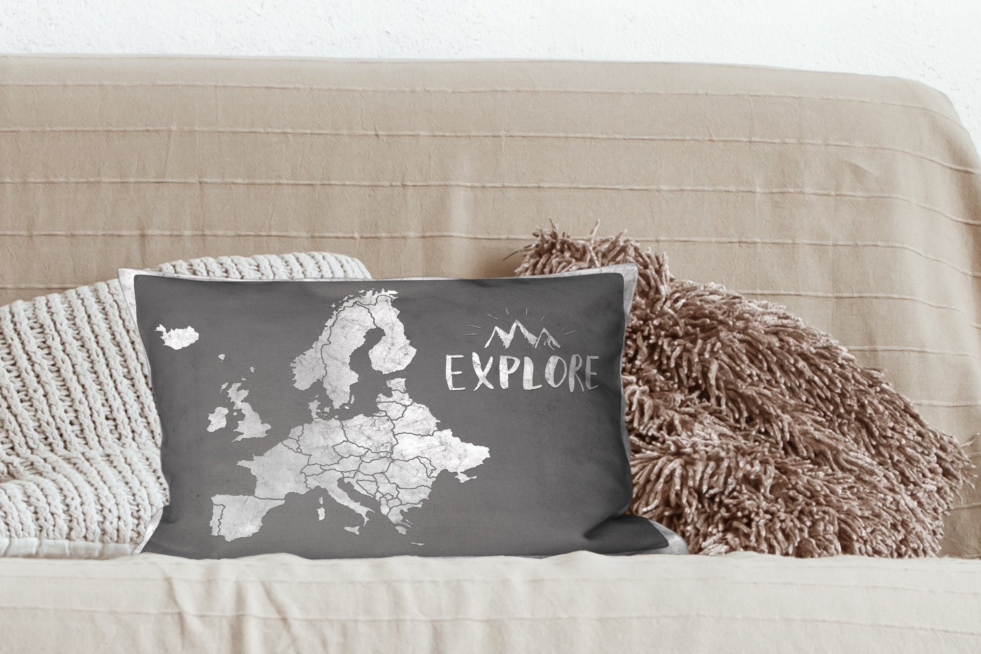 "Explore" Dekoration, mit mit Text Dekokissen weiß, Wohzimmer MuchoWow schwarz Füllung, Vintage Eurocard - Dekokissen Zierkissen, dem Schlafzimmer und