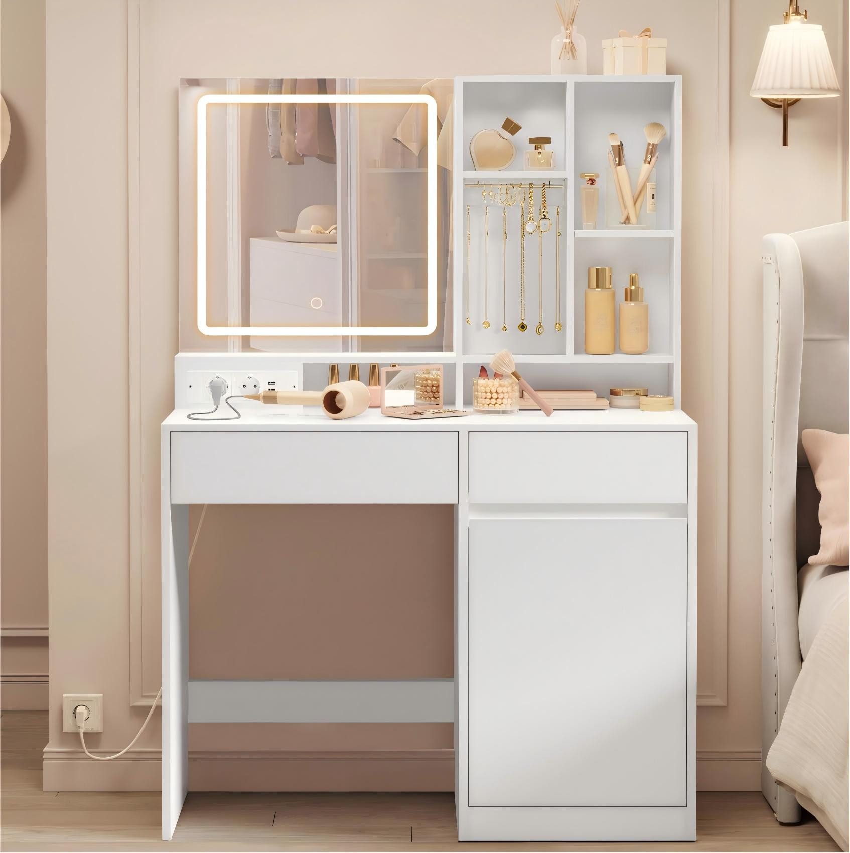 VASAGLE Schminktisch Frisiertisch (mit LED-Beleuchtung, Steckdosenleiste, Frisiertisch mit Schubladen, 90-110 cm breit), verstellbaren Ablagen, Schmuckaufbewahrung, für Schlafzimmer