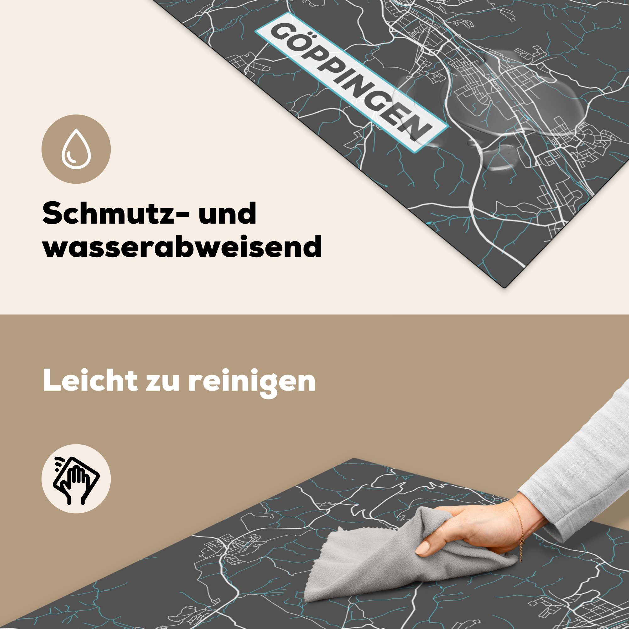 MuchoWow Herdblende-/Abdeckplatte Deutschlandkarte Göppingen - Stadtplan Arbeitsplatte Ceranfeldabdeckung, für - - Karte, Vinyl, - cm, (1 küche Blau tlg), 78x78