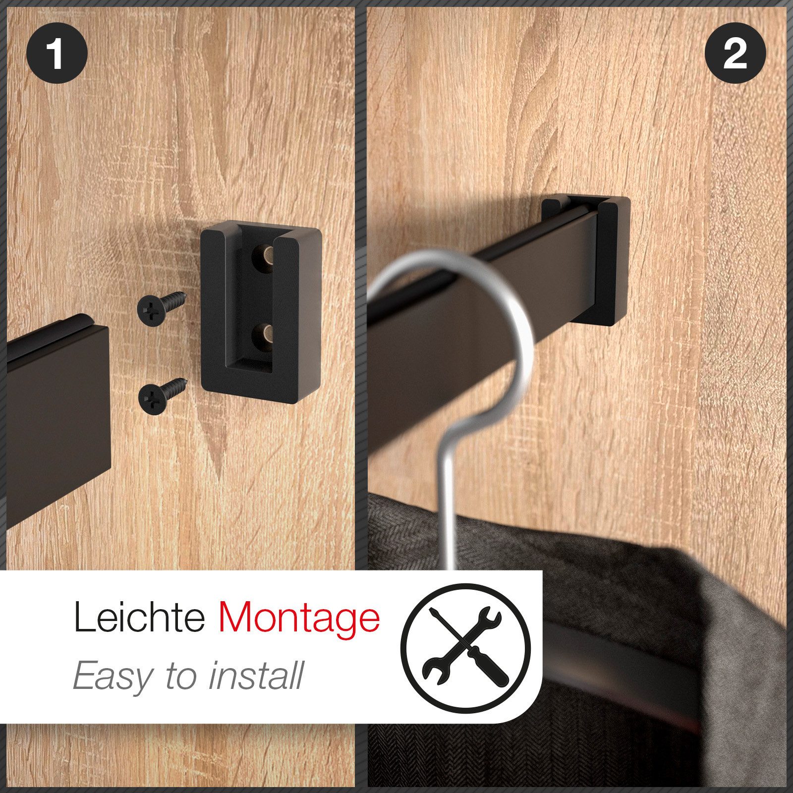 SO-TECH® Kleiderstange Schrankstange mit Gummiauflage und Schrankstangenlager (Spar-Set, 1 St), Kleiderstange schwarz matt eloxiert 1000 mm, 30 x 12 mm, Alu – Bild 4 von 5
