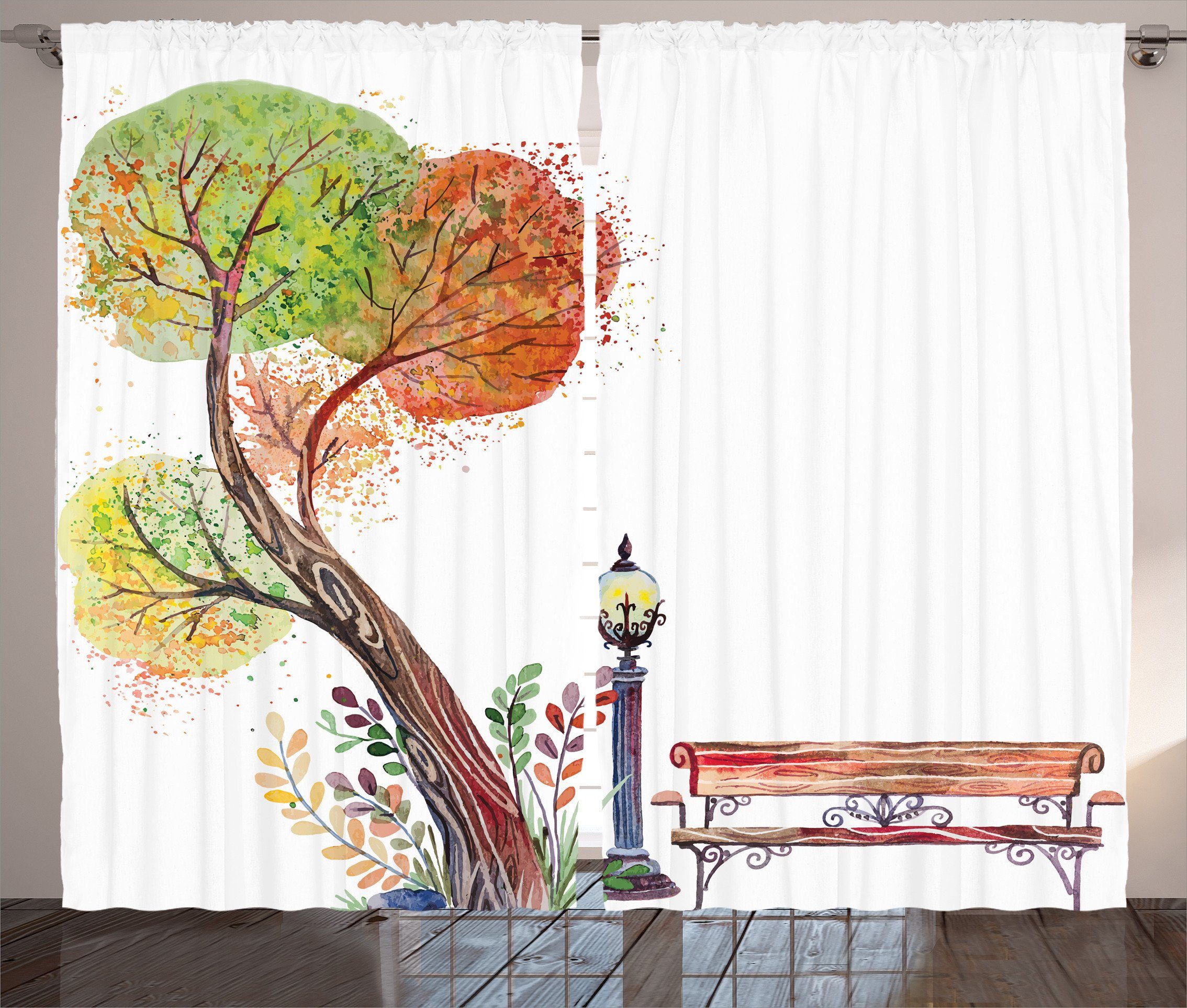 Gardine Schlafzimmer Kräuselband Vorhang mit Schlaufen und Haken, Abakuhaus, Fallen Herbst-Tag in Park-Weinlese