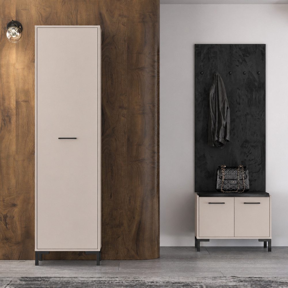 Lomadox Garderoben-Set OLHAO-131, (Spar-Set, 3-St., Garderobenschrank Paneel Schuhbank), in Kaschmir Beige, gepolsterte Sitzbank, modern