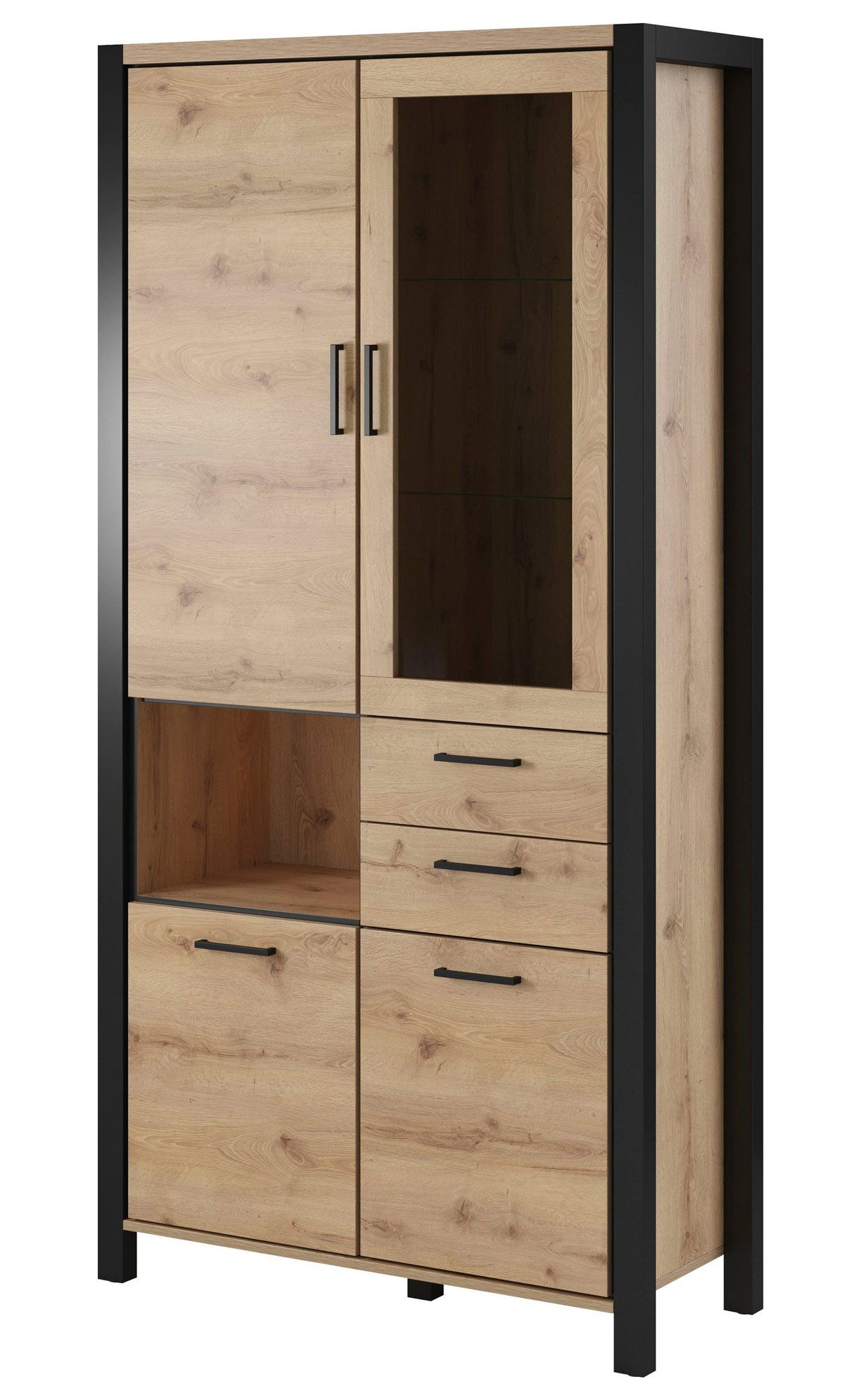 Helvetia Vitrine Aktiv (3 Holztüren, 1 Glastür, 2 Schubladen, 1 Fach, 1-St., Moderne Holzoptik, Metallgriffe, Vollauszug) 100x40,5x200cm taurus/schwarz matt