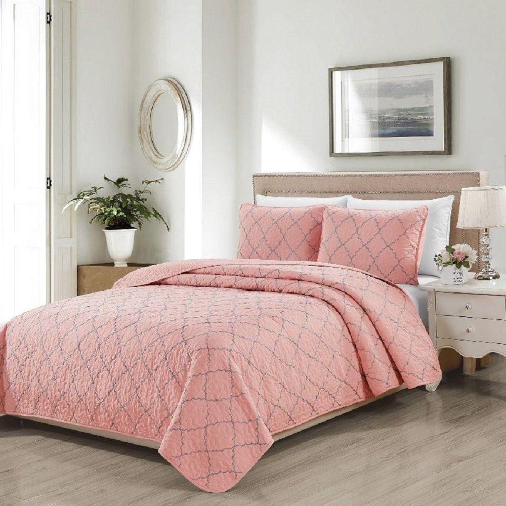Tagesdecke 3-Teilige Tagedecke mit schönem Design Bettdecke Doppelbett  Kopfkissen Polyester Decke 220 x 240 cn in Weiß/Pink/Grau, ZELLERFELD