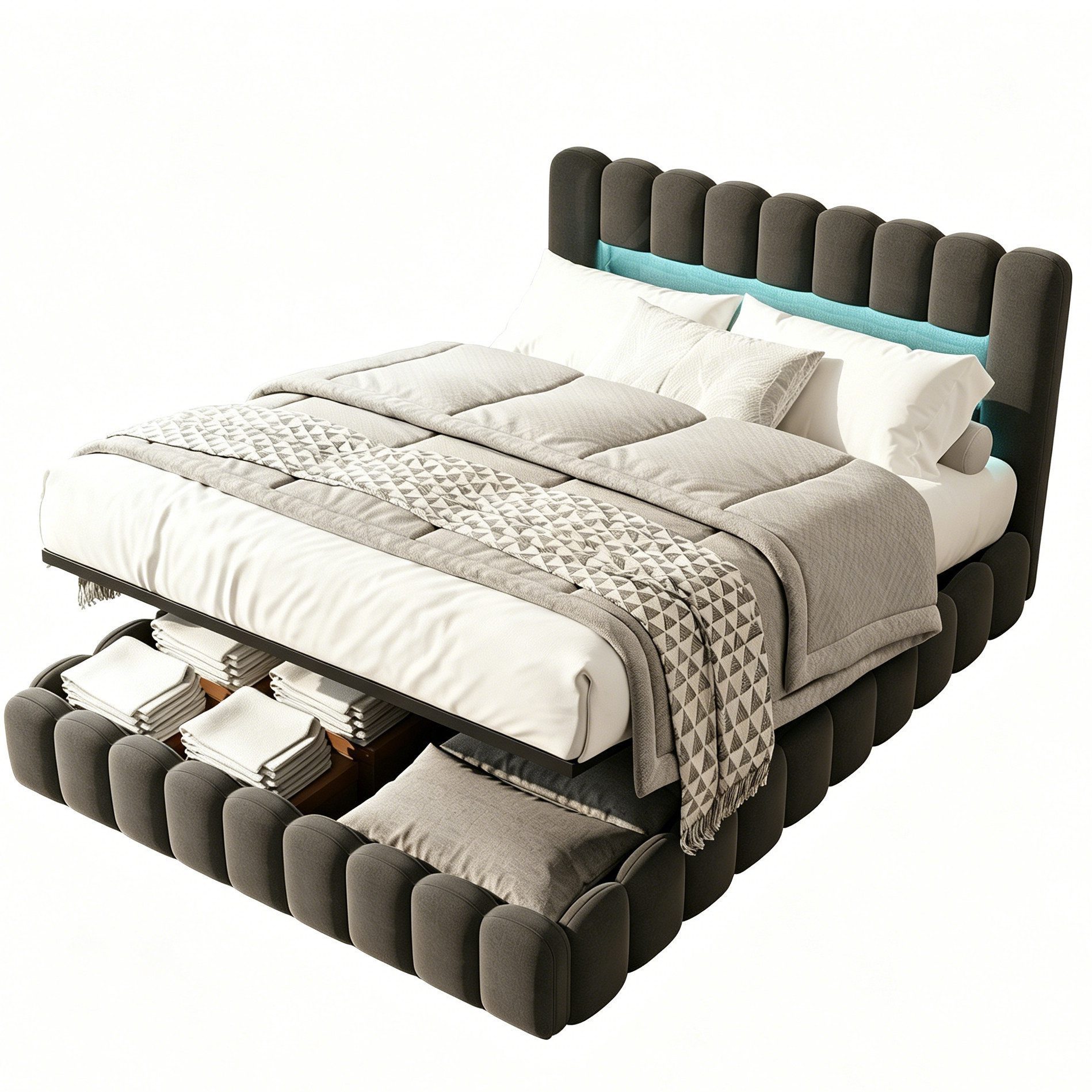 PXloue Polsterbett Doppelbett Jugendbett (ohne Matratze), Stauraumbett, Bettkasten, LED-Beleuchtung, USB-Anschluss, 180x200 cm – Bild 5 von 5