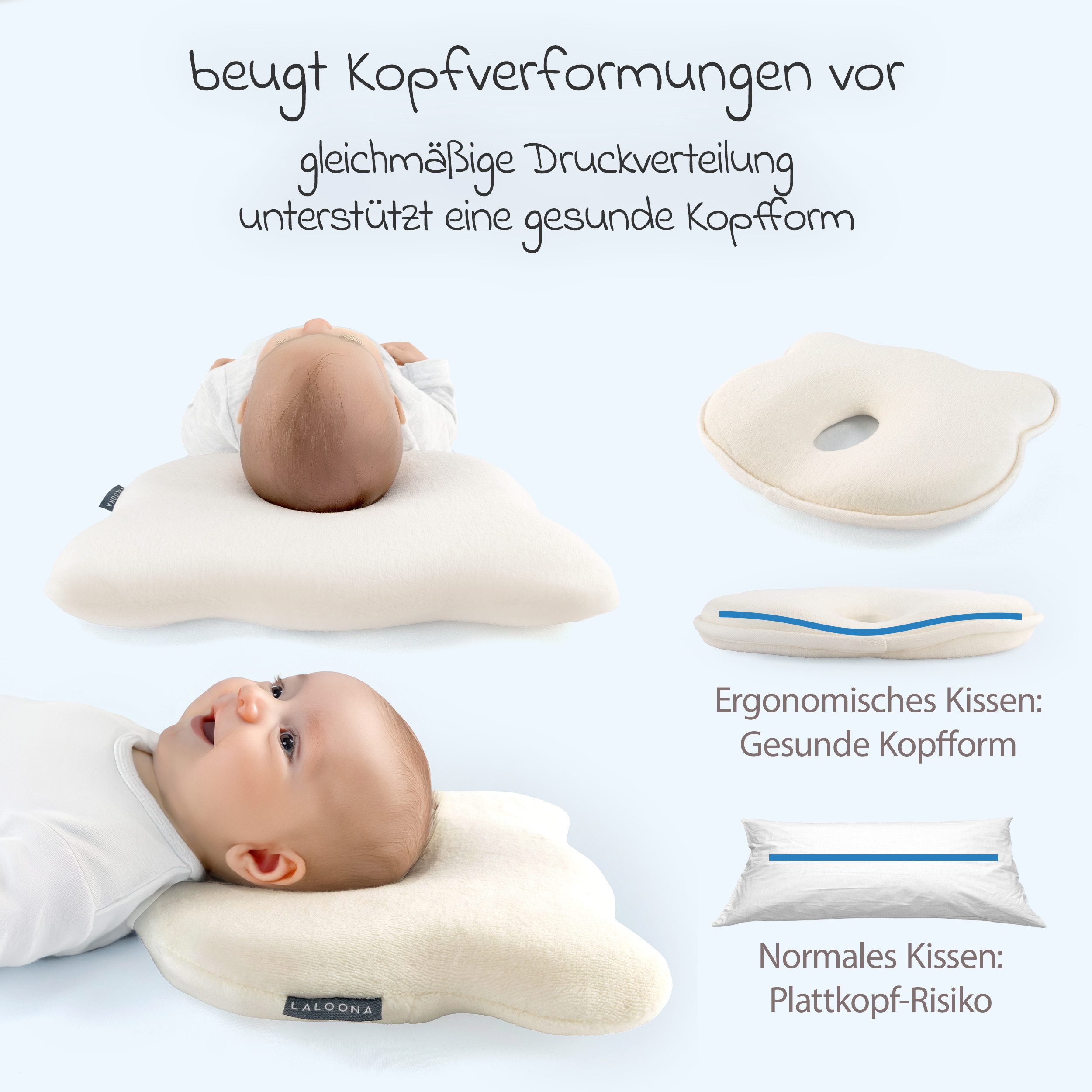 LaLoona Babykissen beige, Babykissen gegen Kopfverformung / Plattkopf Kopfkissen für Neugeborene