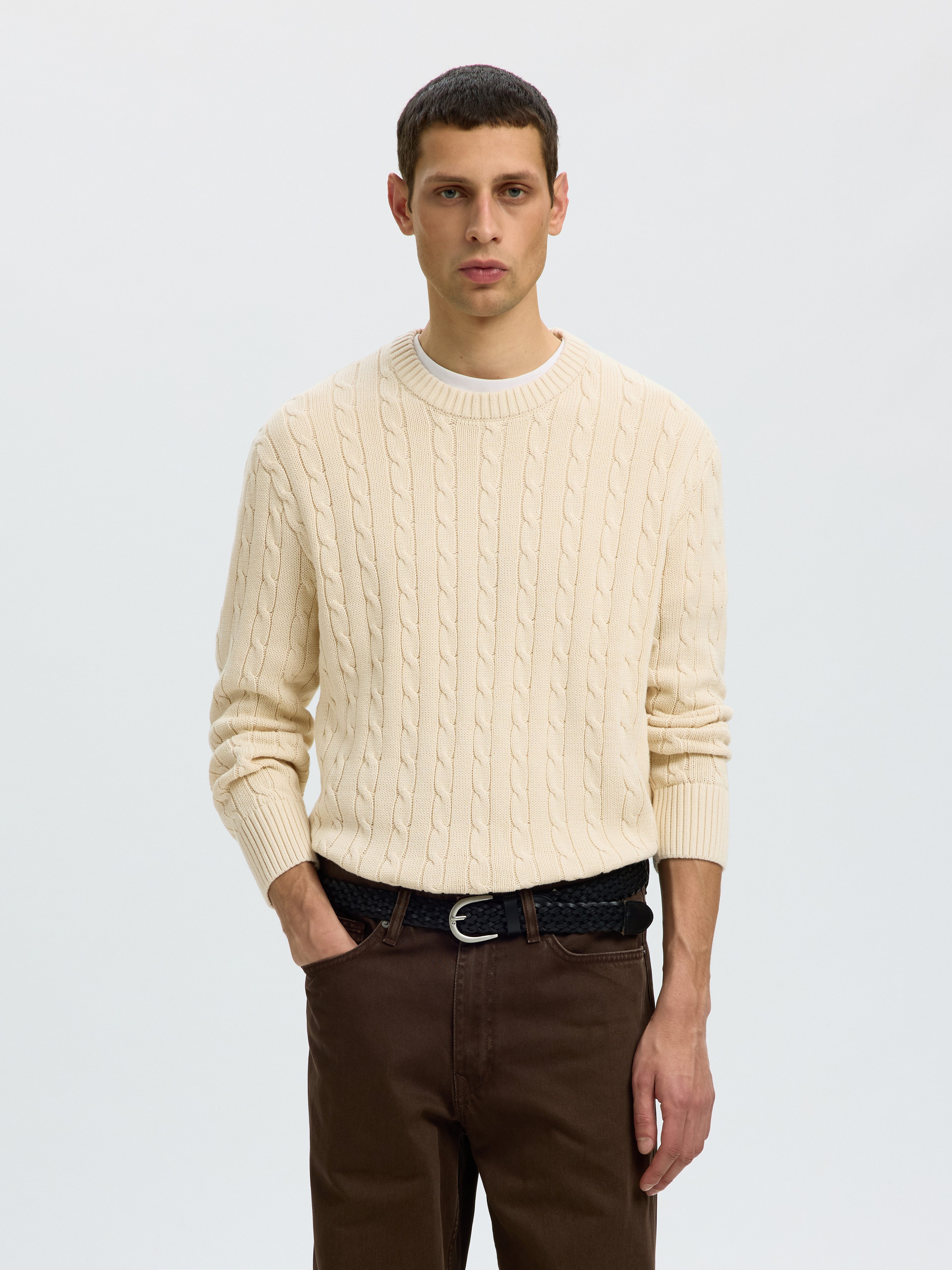 Selected Rundhalspullover SLMBRAUN KNIT CABLE CREW NOOS Baumwolle, relaxed fit