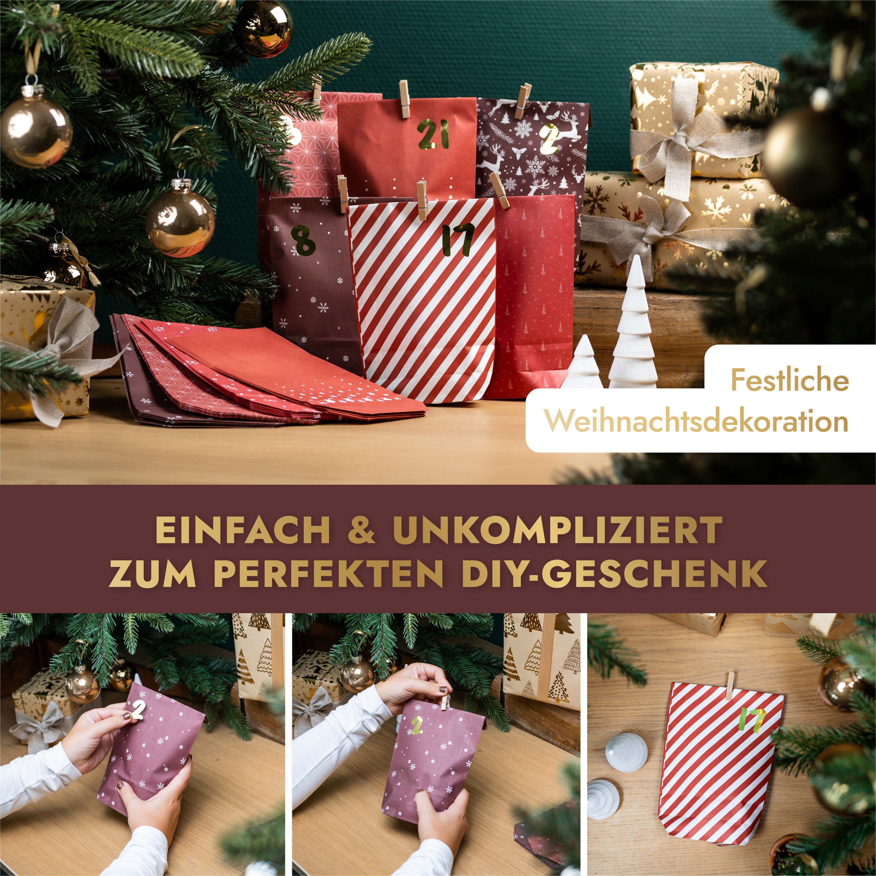 Amari befüllbarer Adventskalender Adventskalender zum Befüllen 2026, 24 Papiertüten 14×22 cm mit Zahlen (DIY Set, 72-tlg), Designs für Kinder & Erwachsene, wied – Bild 5 von 5