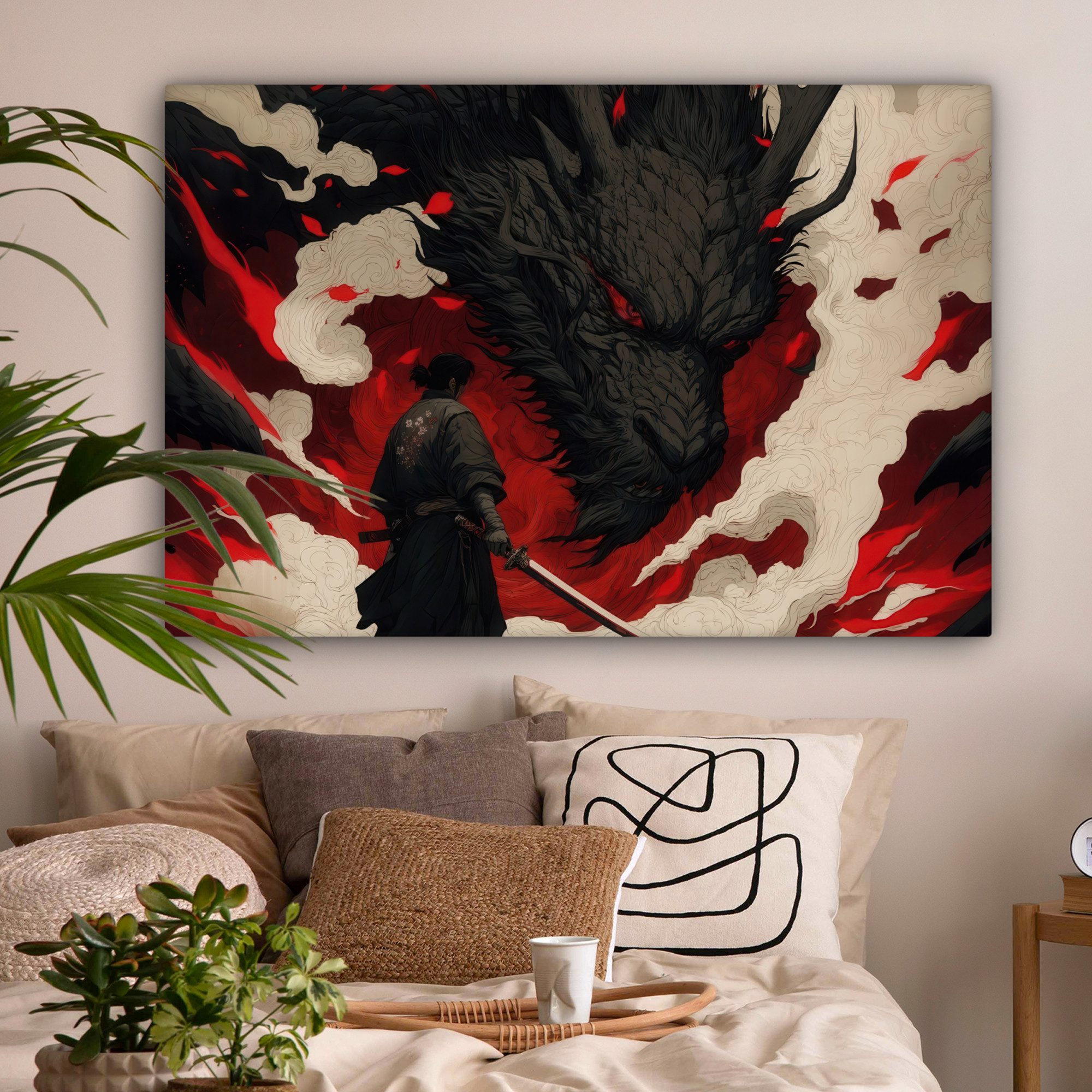 OneMillionCanvasses® Leinwandbild Krieger - Drache - Schwarz - Rot - Rauch, Fotodruck (1 St), Leinwand Bilder groß für Wohnzimmer 140x90 cm