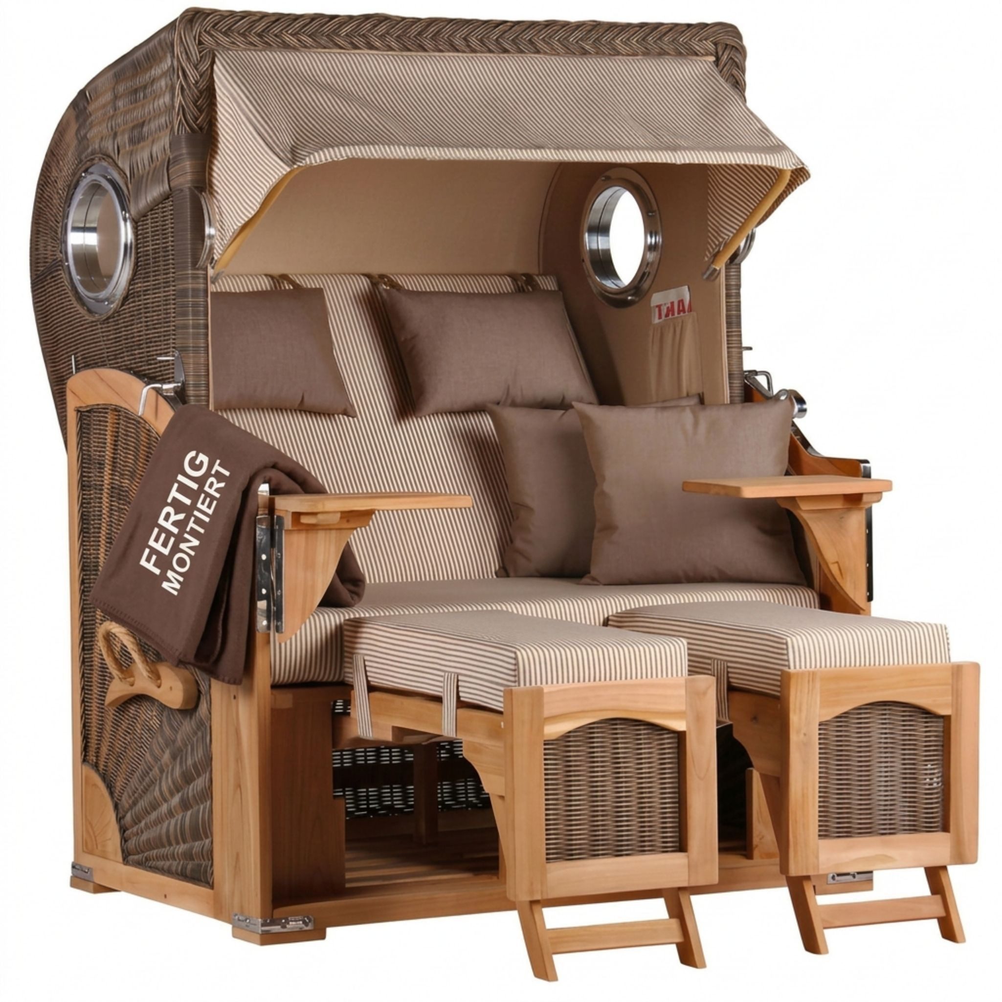 MR.DEKO Strandkorb Düne 2-Sitzer Teak Bullauge wetterfest PE-Geflecht grey, BxTxH: 125x80x170 cm, Düne, Düne, (Fertig montierter Strandkorb für Garten, Terrasse & Balkon), Wetterfester Volllieger mit Edelstahlbeschlägen & waschbaren Polstern