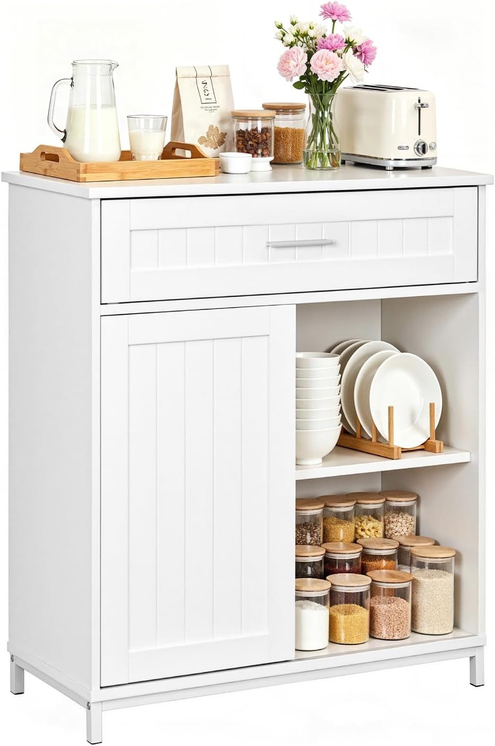 Woltu Sideboard, Küchenschrank mit Arbeitsplatte Schiebetür und verstellbare Ablage