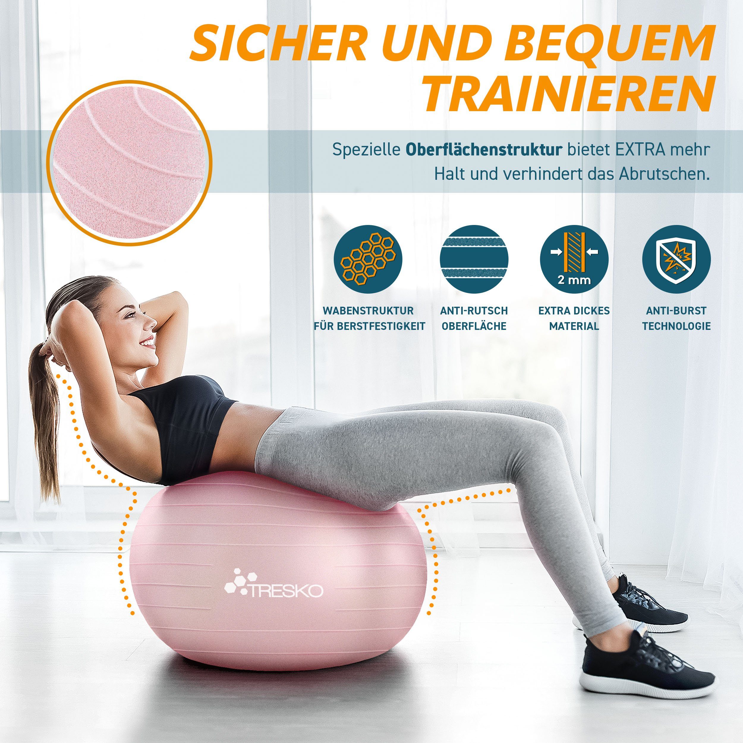 TRESKO Gymnastikball mit GRATIS Übungsposter inkl. Luftpumpe Yogaball, BPA-Frei Sitzball Büro Anti-Burst inkl. Luftpumpe, Fitnessball – Bild 2 von 5