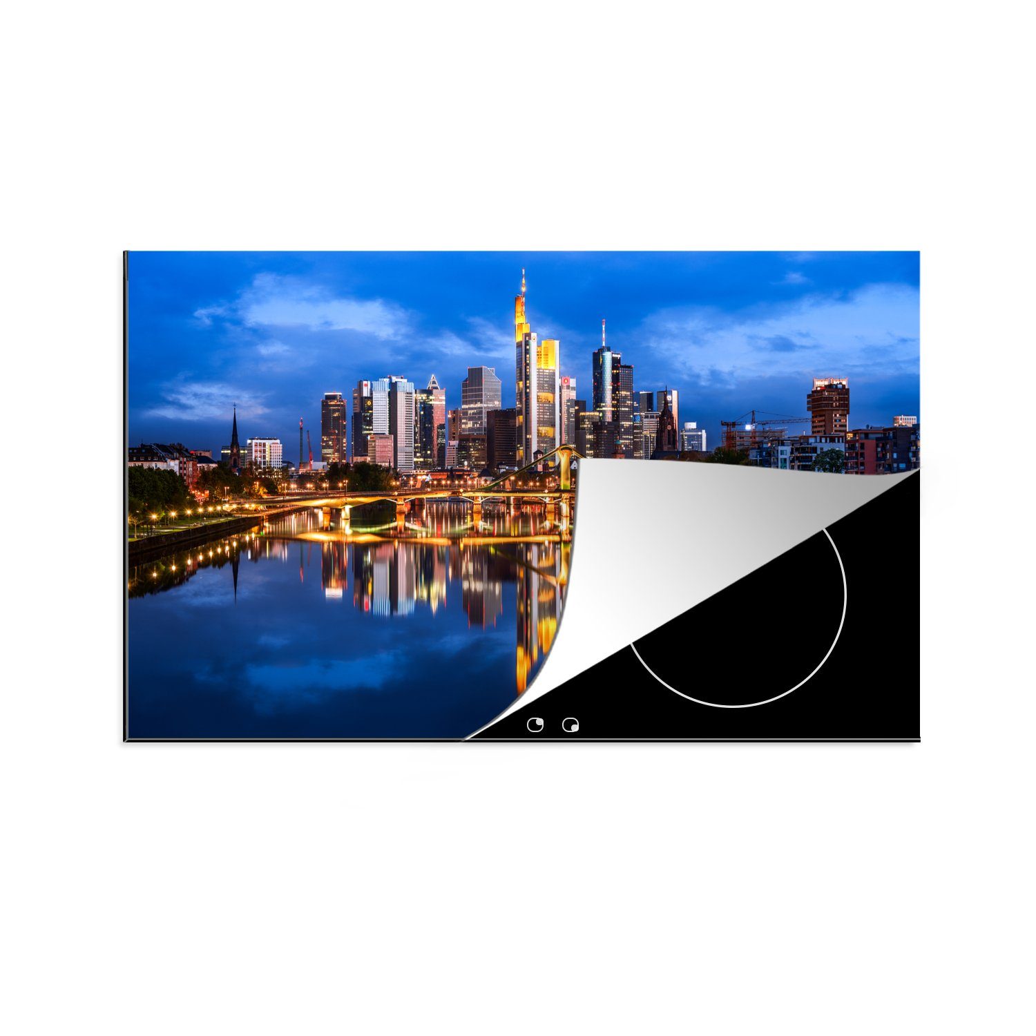 MuchoWow Herdblende-/Abdeckplatte Skyline von Frankfurt am Main in Deutschland am Abend, Vinyl, (1 tlg), 85x52 cm, Ceranfeldabdeckung für die küche, Induktionsmatte