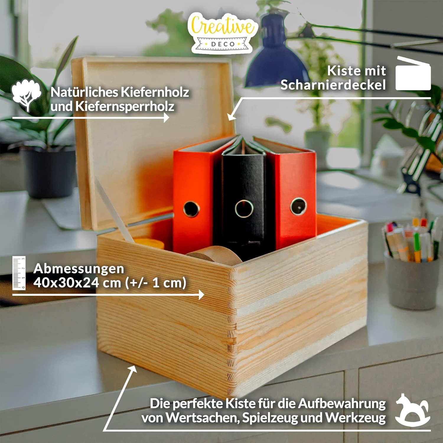 Creative Deco Holzkiste Große Holzkiste mit Deckel 40x30x24 cm (1cm), Holzbox mit Deckel Kasten