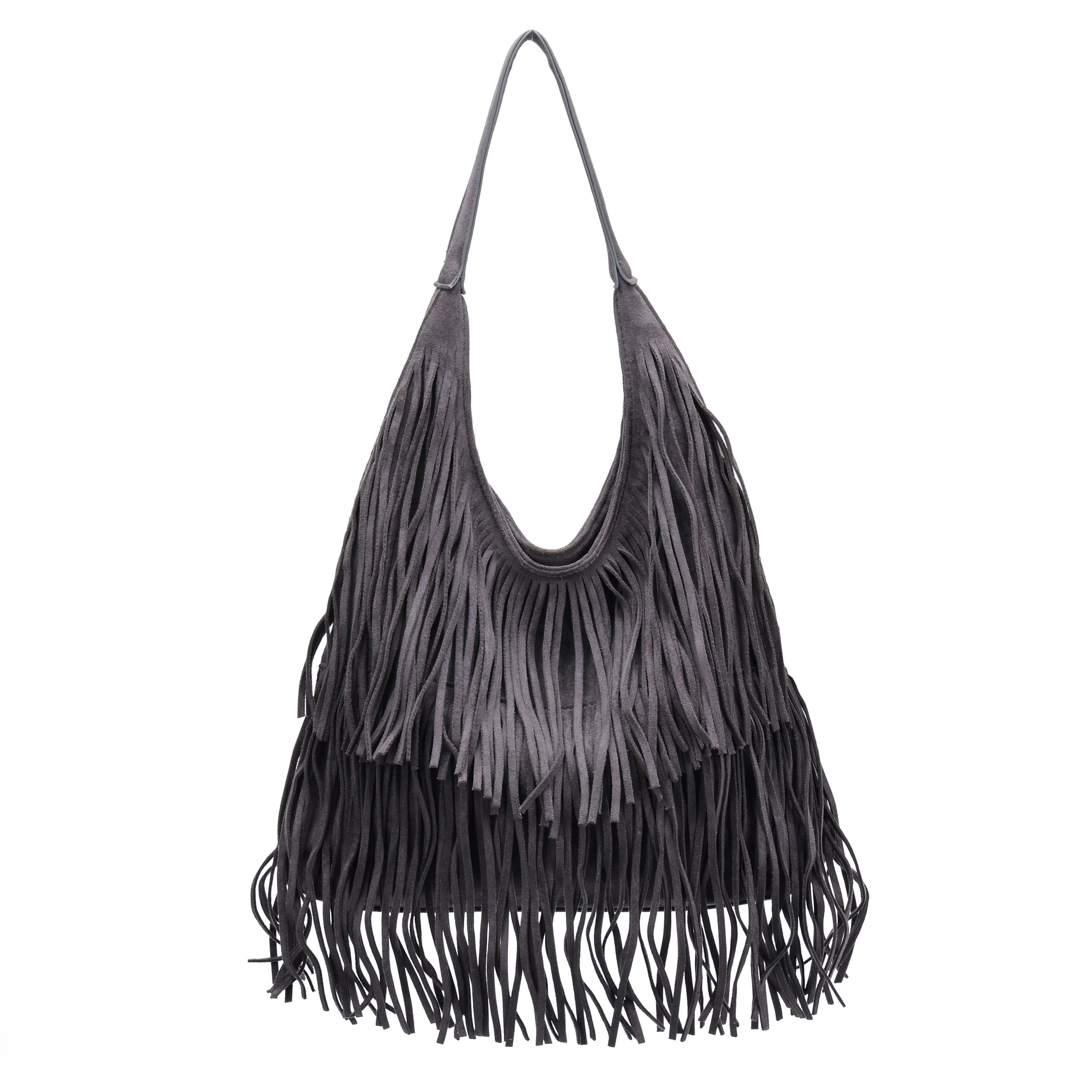 MIRROSI Shopper Damen Fransen Schultertasche Wildleder-Optik aus Polyester (Boho Hobo Bag mit Reißverschluss & Innenfach, ca. 39 x 12 x 33 cm), Neue Kollektion Herbst/Winter 2026