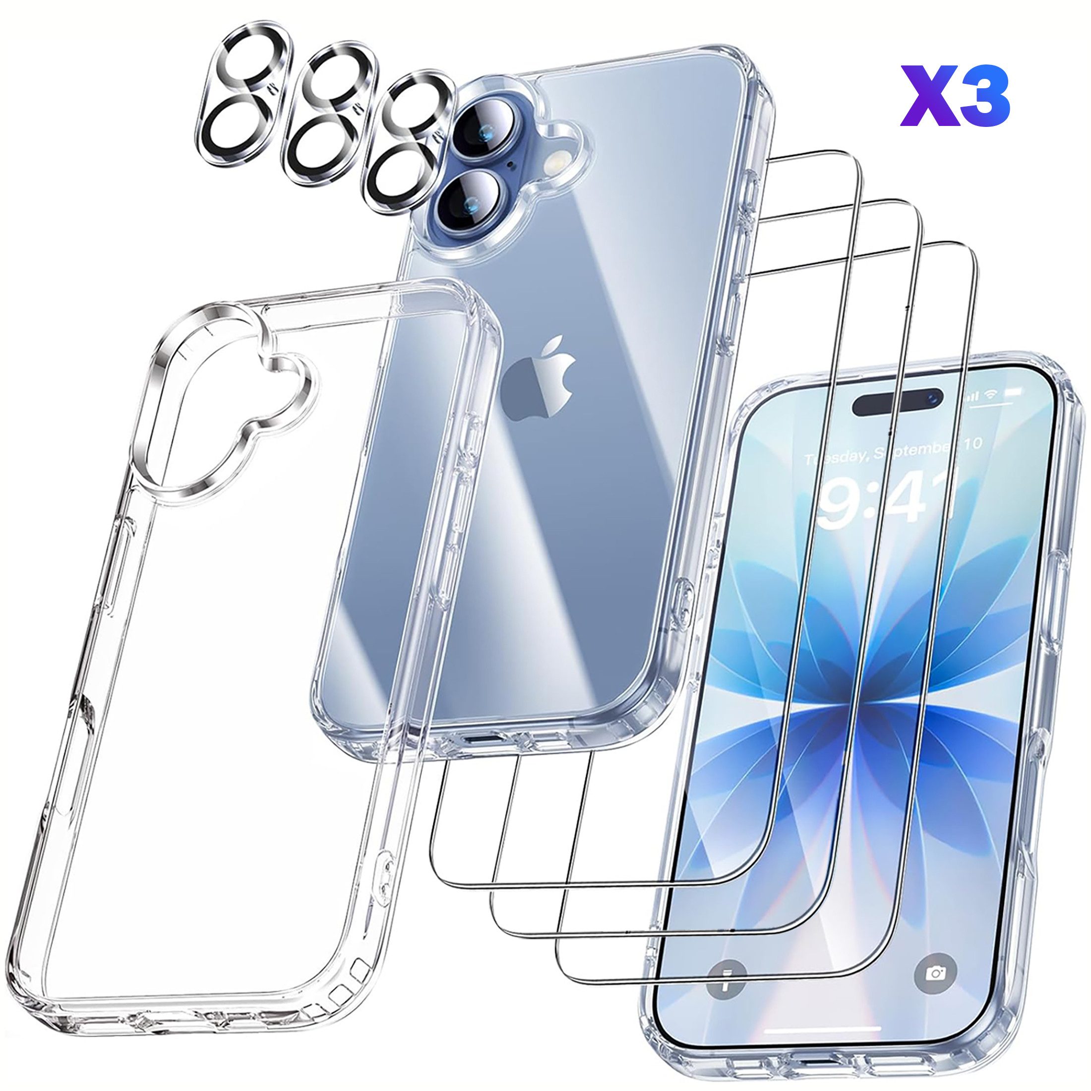Luckice Sichtschutzfolie iPhone 17 Hülle mit Panzerglasfolie 7-in-1-Handyhülle für iPhone 17, (Rundumschutz Hülle Set Schutzhülle Cover, 1 Handyhülle & 3x Displayschutzglas + 3x Kameraschutzfolie - Transparent, 7-St)