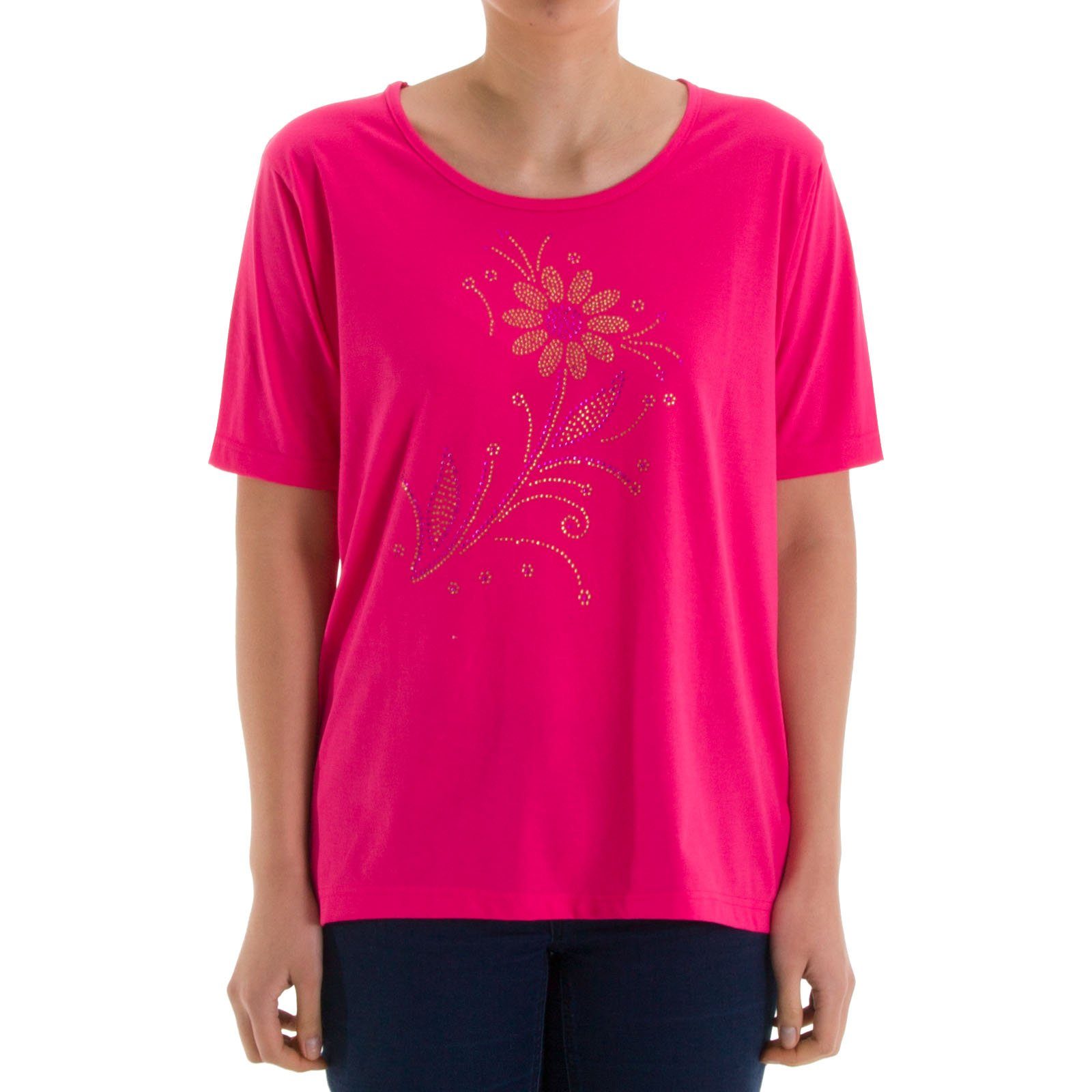 zeitlos T-Shirt T-Shirt - Blumen Steinapplikation