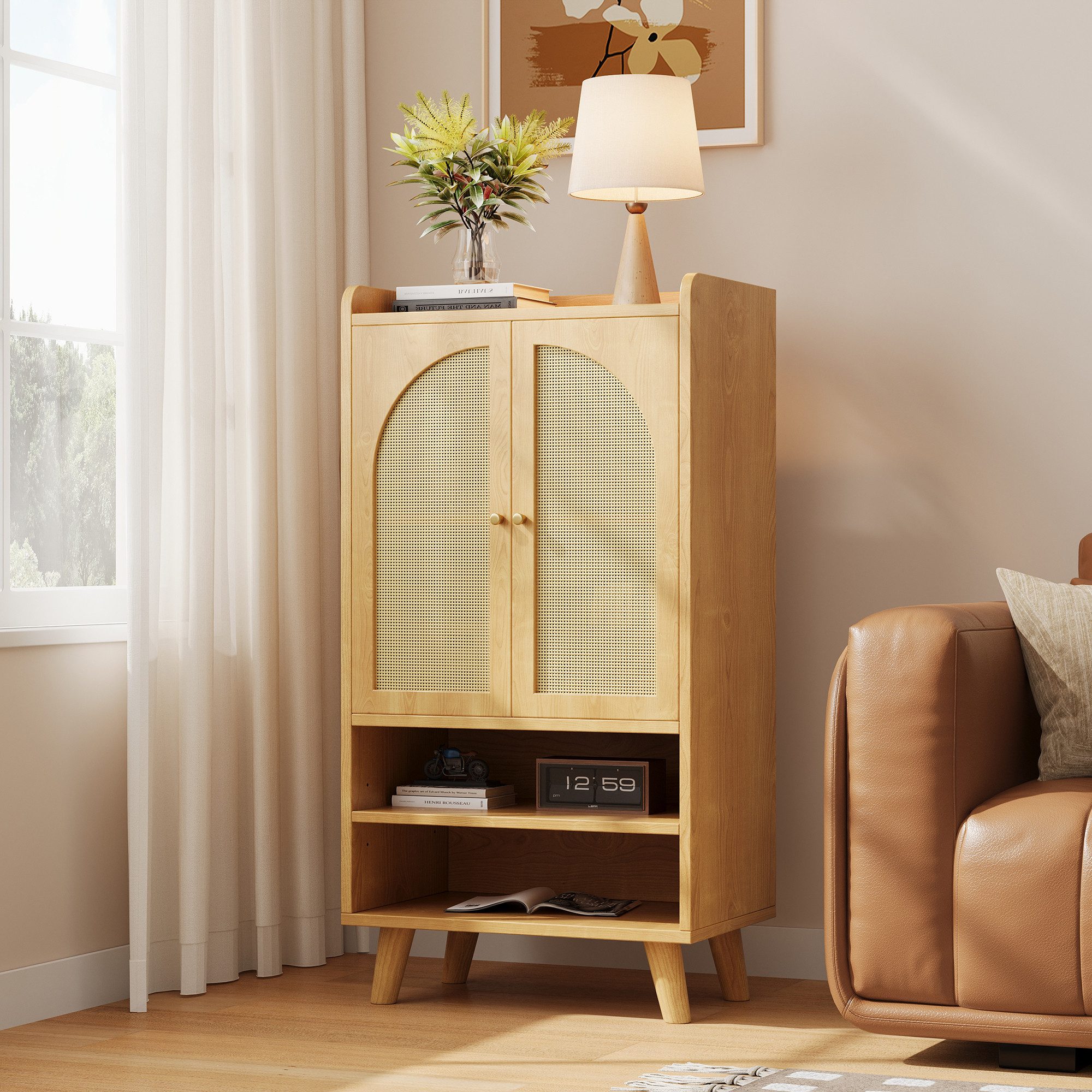 Merax Sideboard Kommode mit 2 Rattantüren und 2 offenen Fächern (1 St., Stauraum Buffet, Holz Anrichte), für Wohnzimmer, Küche oder Flur, 60×40×121 cm – Bild 2 von 5