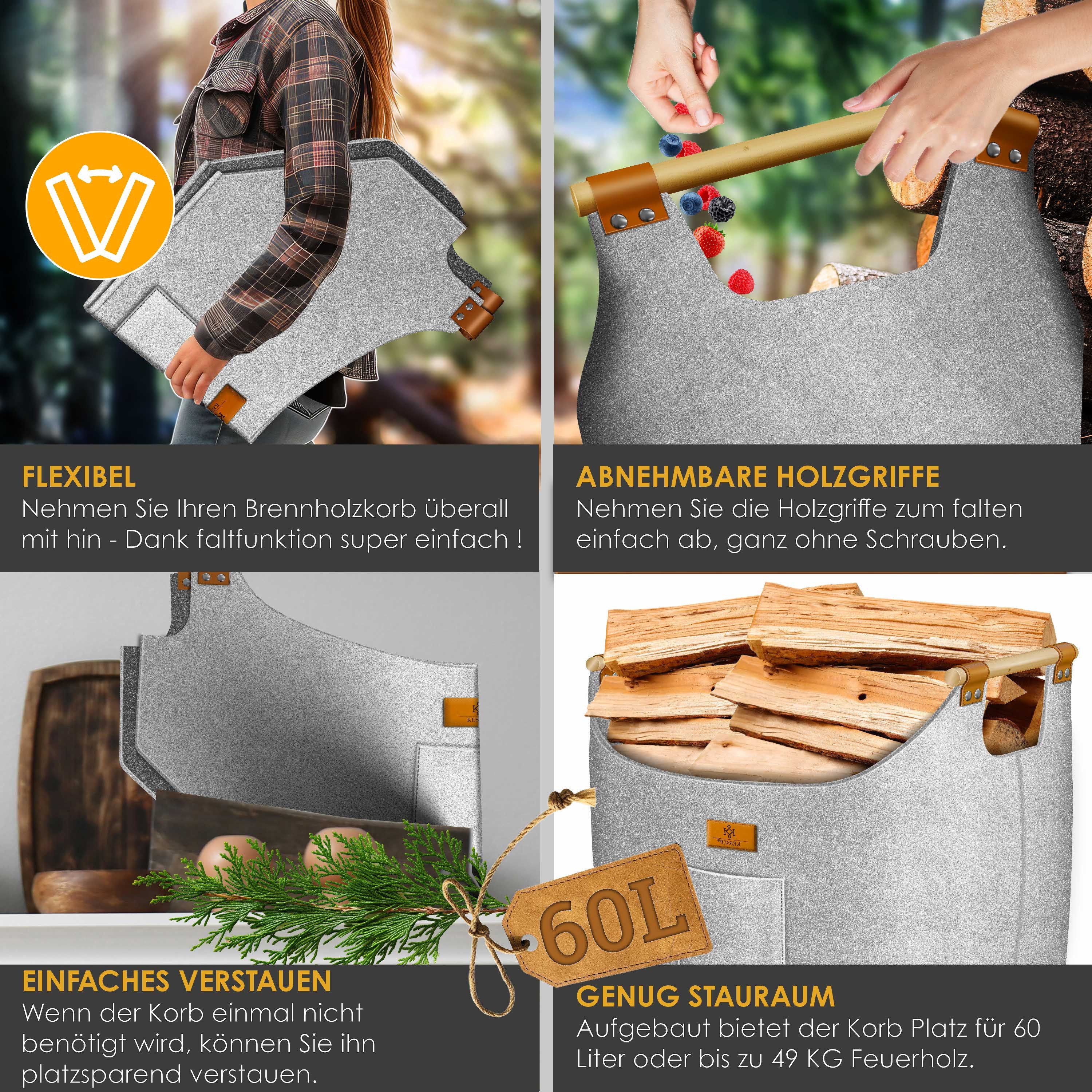 KESSER Kaminholzkorb XL – 60/90 L Volumen, rutschfeste Holzgriffe, Vielseitig nutzbar als Kaminkorb, Einkaufs-, oder Wäschekorb, 700 g/m² – Bild 5 von 5