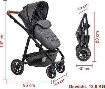 BabyGo Kombi-Kinderwagen Simplex AIR 3in1, Grey melange, inkl. Babywanne + Matratze, Sportaufsatz, Babyschale & Wickeltasche