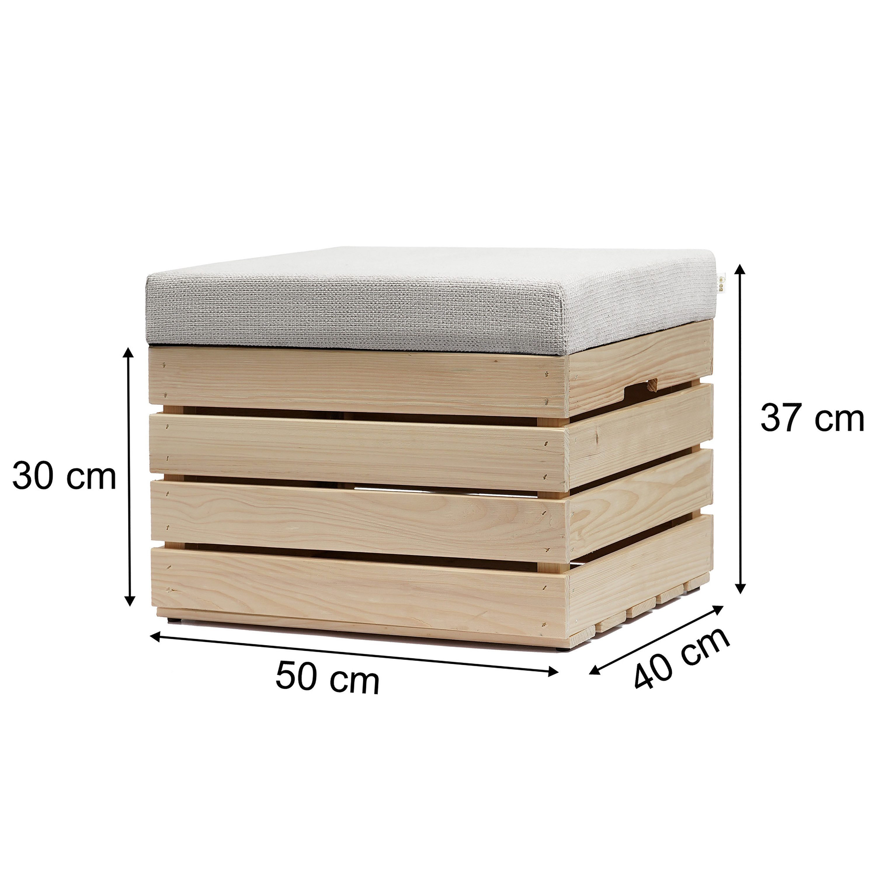 GrandBox Dekokiste Sitzhocker mit Stauraum 37x40x50 mit Polster – Naturholz (1er Set)