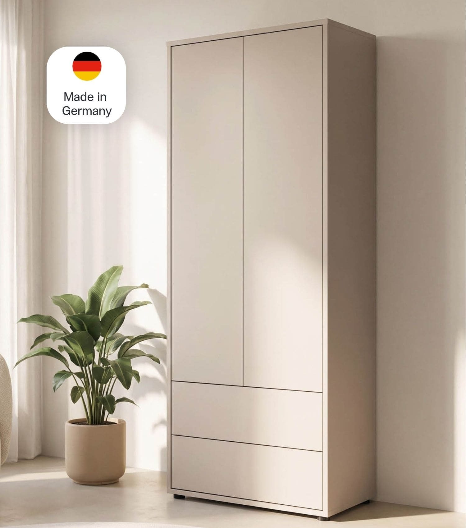 mokebo Mehrzweckschrank 'Peak' Holz Schrank Hochschrank Wohnzimmerschrank Push-to-Open (188x70 cm, Schubladen und Türen) Made in Germany, Hochschrank Beige, Mehrzweckschrank in Kaschmir