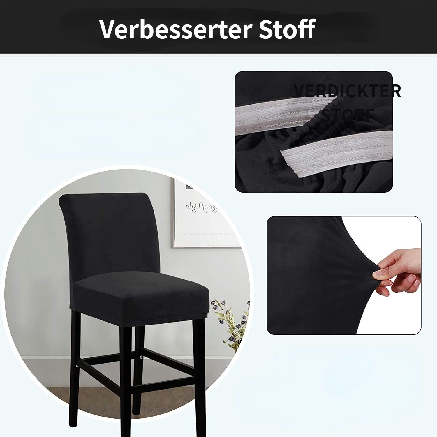 HOMEIDEAS, Samt-Stretch-Barhocker-Stuhlbezüge Stuhlhusse, Schwarz