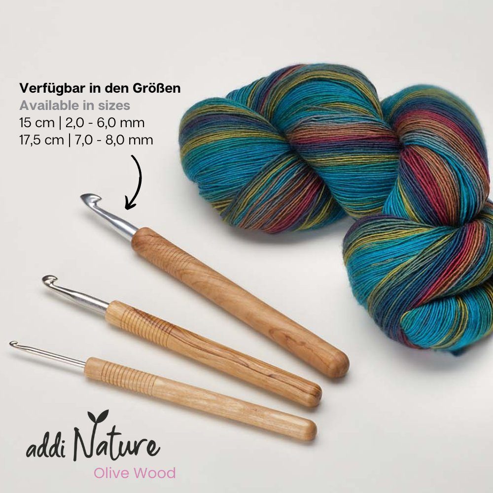 addi Stecknadeln addiNature Häkelnadel mit hochwertigem Olivenholzgriff 15 cm, Wollhäkelnadel mit hochwertigem Olivenholzgriff in verschiedenen Stärken