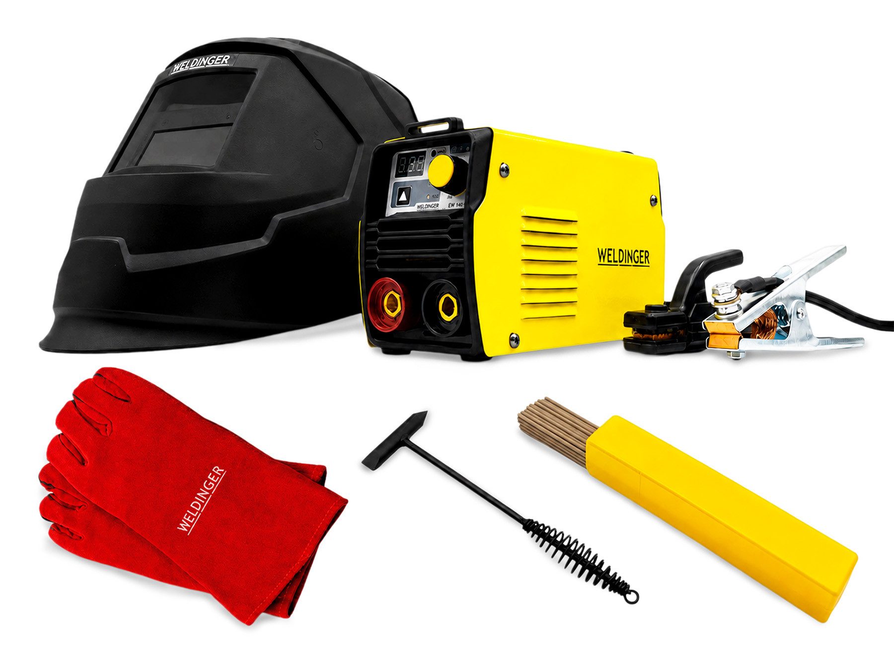 WELDINGER Elektroschweißgerät Starterset MMA-Schweißinverter EW 140 mini mit Schweißhelm und Zubehör, 10 - 140 A, 7-tlg., LCD-Display, ultrakompaktes Design