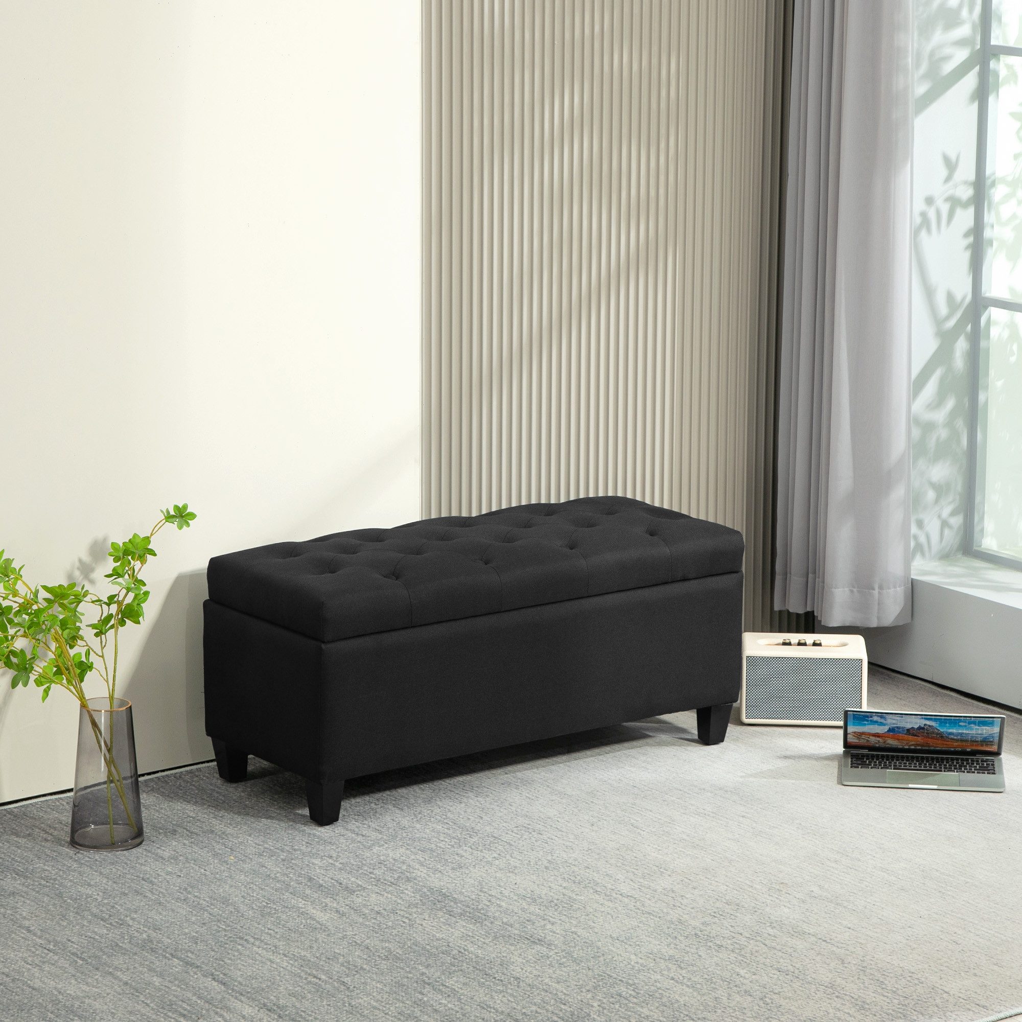 HOMCOM Sitzbank Stauraum mit Leinenoptik, Holzbeine für Flur (Truhenbank, 1-St., Polsterbank), Schlafzimmer, Wohnzimmer, Gummiholz, Schwarz, 100 x 40 x 44 cm