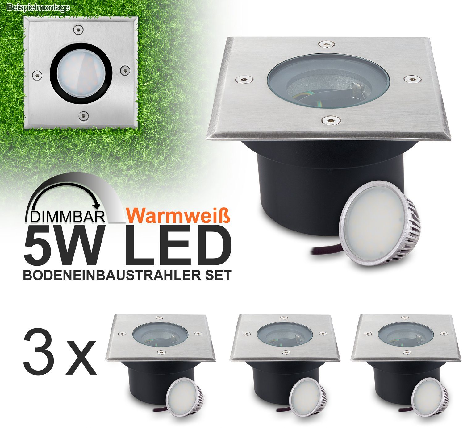 Einbaustrahler mit LEDANDO tauschbarem LED LED Leu 3er Extra LED flacher Bodeneinbaustrahler Pack