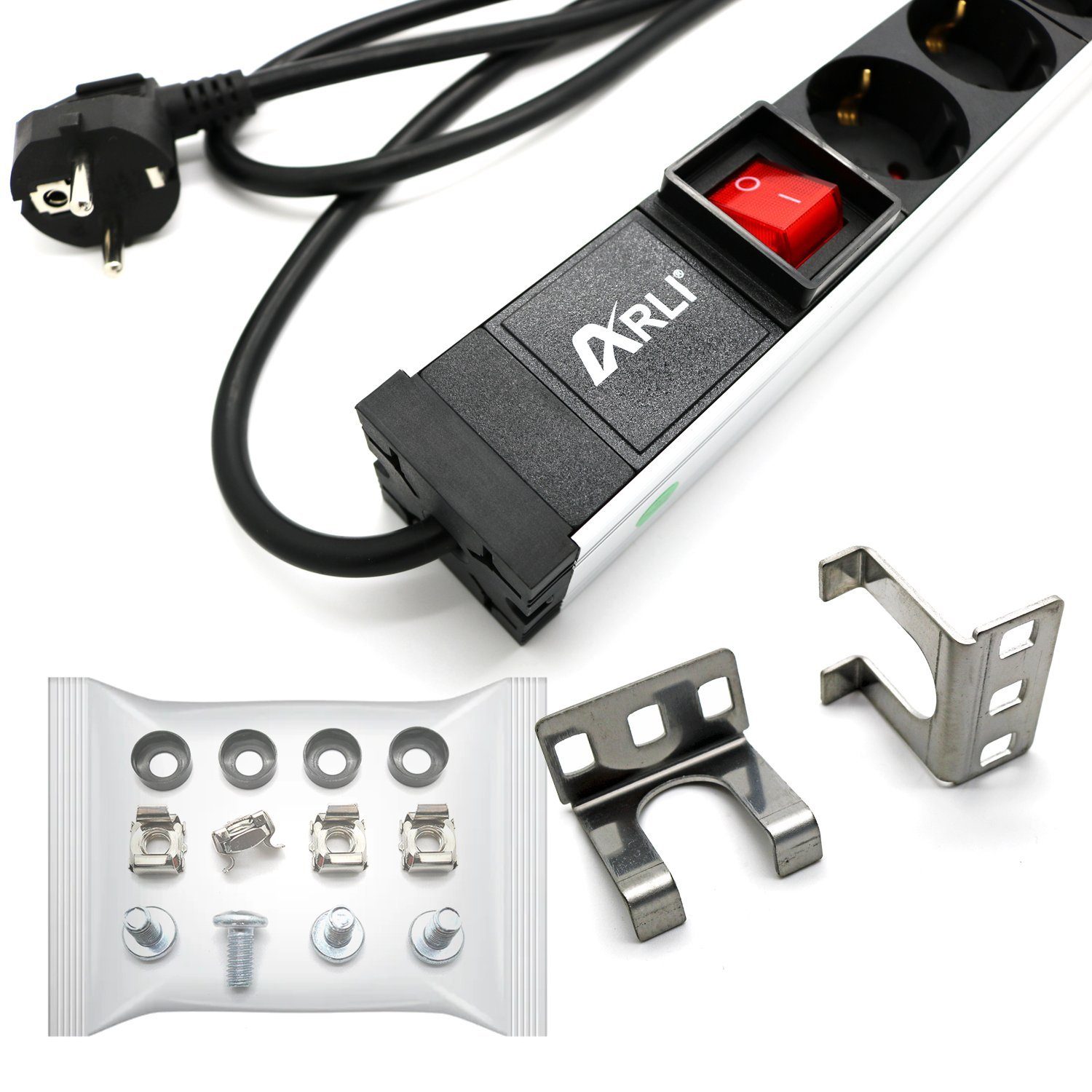 ARLI Steckdosenleiste 7 fach für Netzwerkschrank 19" Serverschrank 1U Steckdosenleiste 7-fach (Universal, Schutzkontaktsteckdosen, Kabellänge 1.5 m), An-/Ausschalter, Gehäuse aus Aluminium Profil