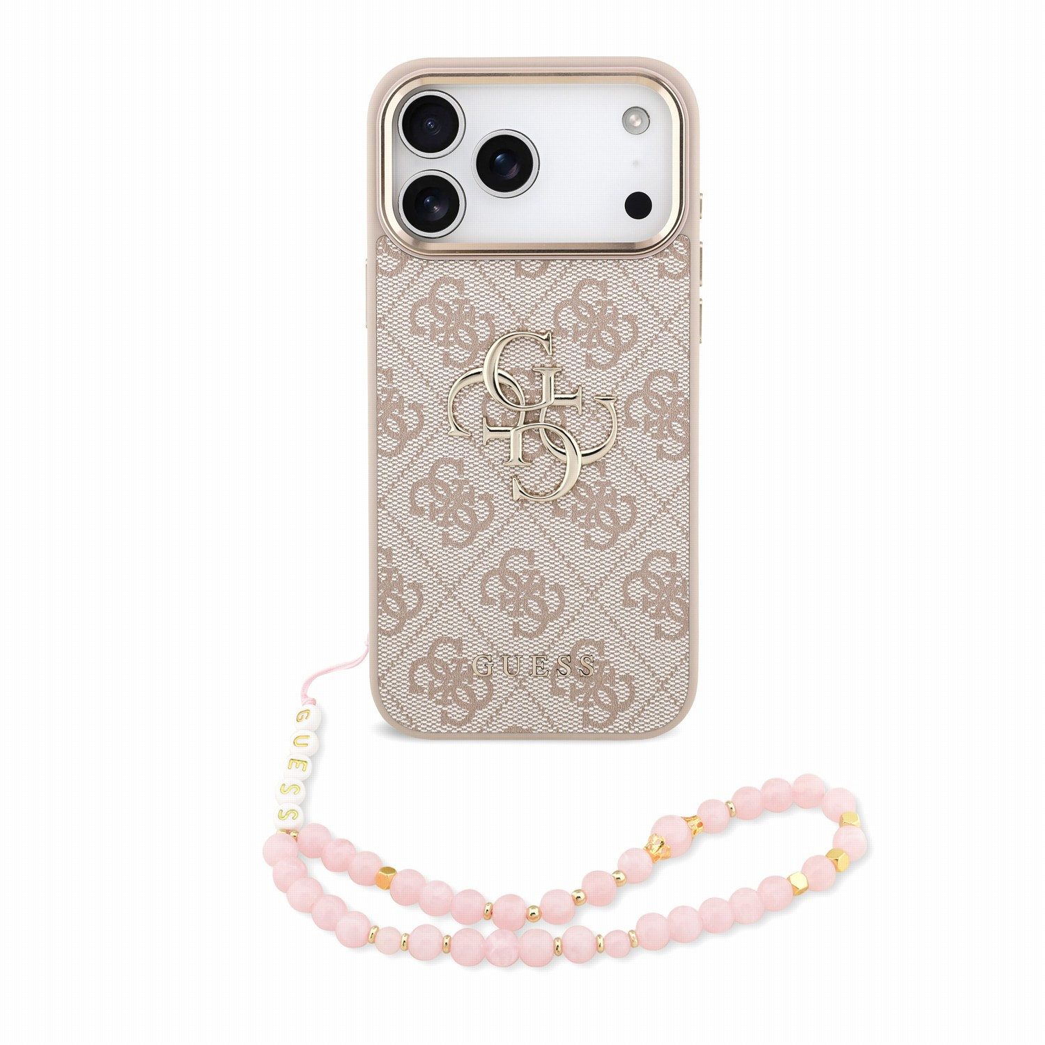 Guess Handyhülle Big Logo 18 Pro Max mit Kette Kunstleder rosa grau braun 6,9 Zoll, Kantenschutz