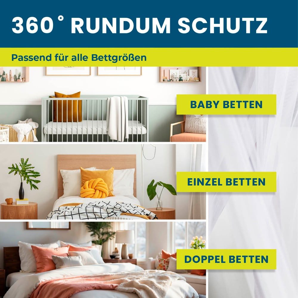 Hoberg Moskitonetz Moskitonetz Reise, XXL Outdoor Mückennetz Bett für Balkon & Doppelbett, Moskitozelt Baldachin - Insektenschutz & Mückenschutz für Balkon & Co.