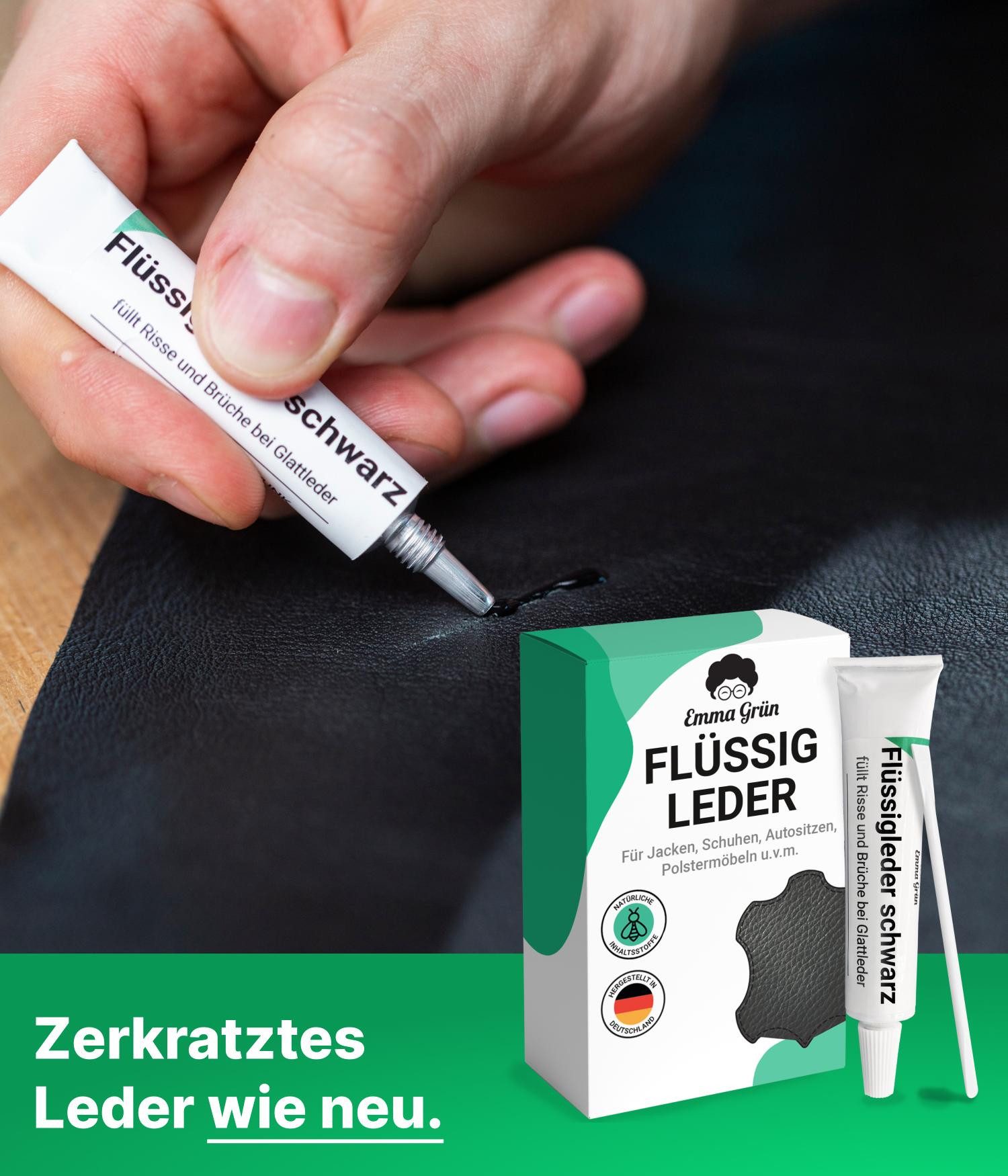 Emma Grün Reparatur-Set Flüssigleder Schwarz 7 ml inkl. Spachtel, Set zum Füllen von Rissen & (Brand)Löchern, aus deutscher Manufaktur