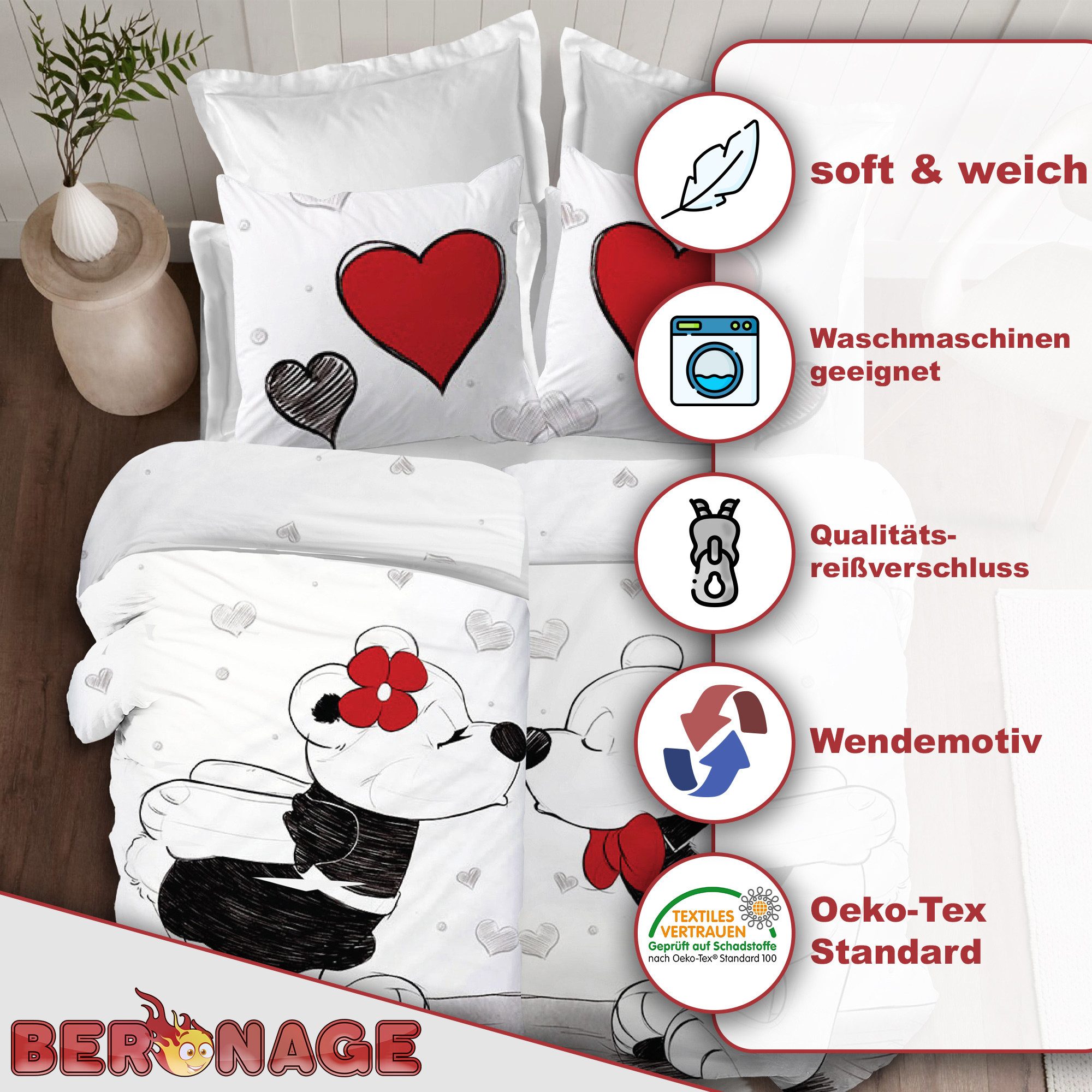 BERONAGE Partnerbettwäsche Bärchen Partnerbettwäsche 2 Bettwäsche-Sets, 4 teilig, 135x200 + 80x80 cm