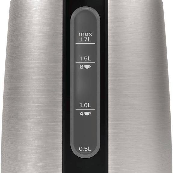 BOSCH Wasserkocher DesignLine TWK3P420, Ausgießen ohne Spritzer, Tassenanzeige, 1,7 l, 2400 W, Überhitzungsschutz, Edelstahl/schwarz