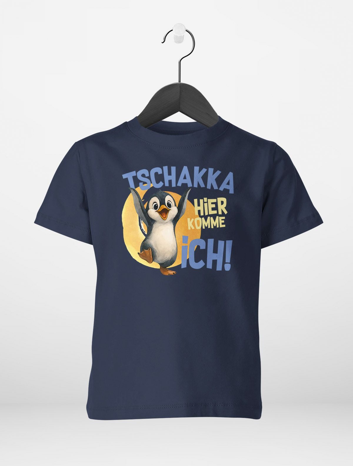 Print-Shirt Kinder T-Shirt Pinguin Print Aufdruck Spruch lustig Tschakka hier