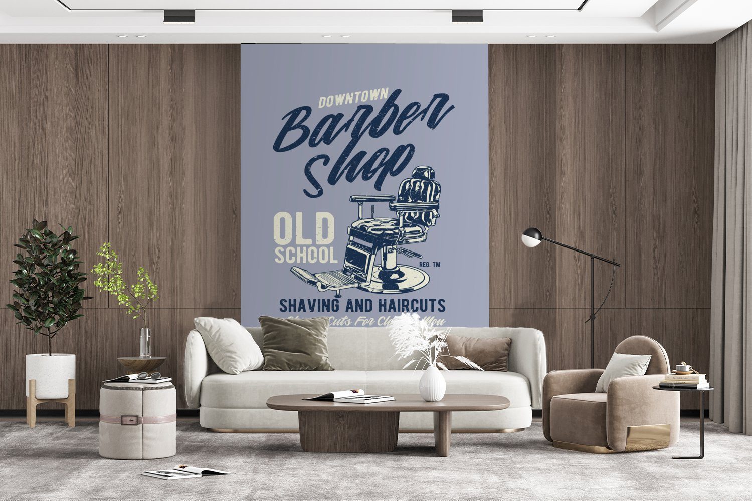 Fototapete Montagefertig für Barbier Vinyl - Matt, Wohnzimmer, Stuhl bedruckt, (3 Wandtapete MuchoWow Tapete - Vintage, Mancave - St),