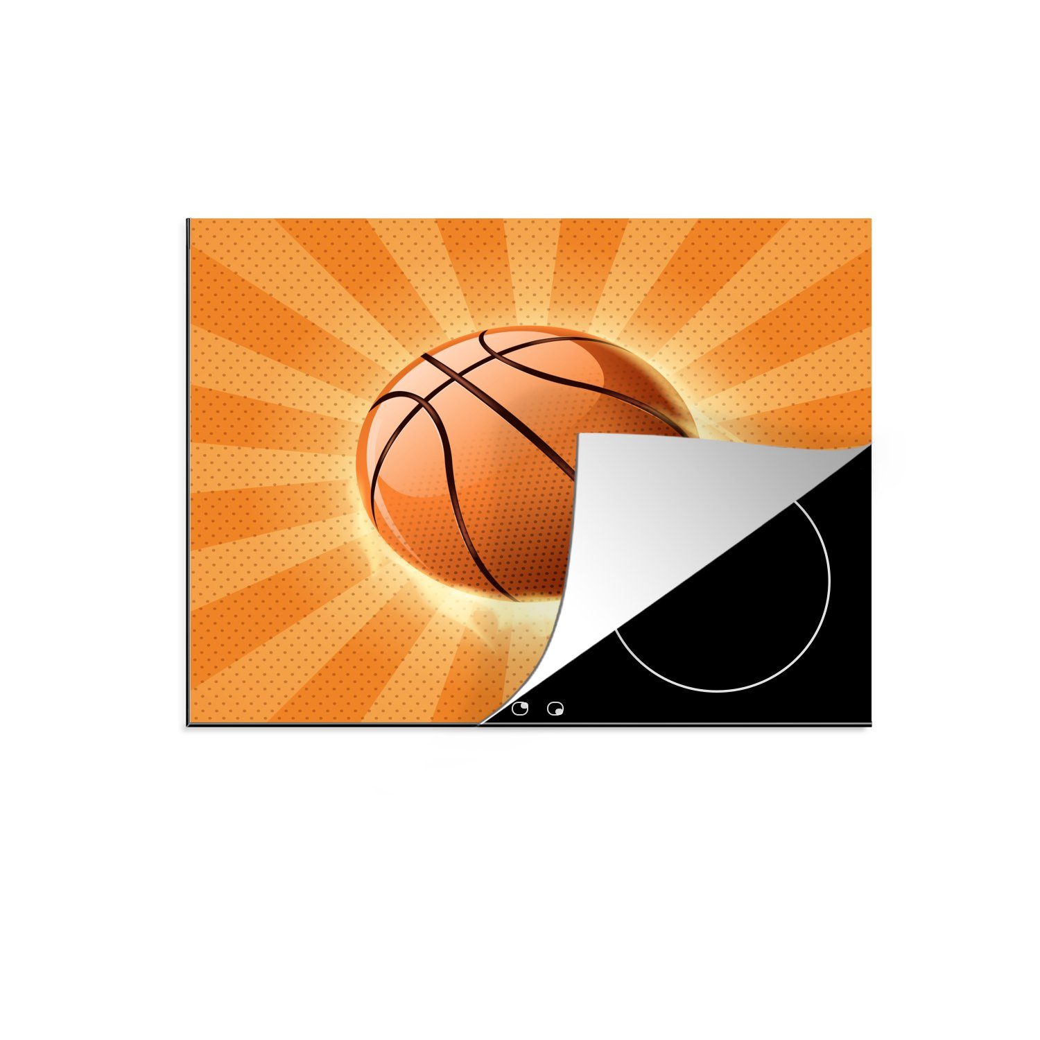 MuchoWow Herdblende-/Abdeckplatte Eine orangefarbene Illustration eines Basketballs, der Geschwindigkeit, Vinyl, (1 tlg), 65x52 cm, Mobile Arbeitsfläche nutzbar, Ceranfeldabdeckung