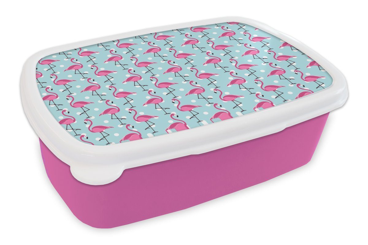MuchoWow Lunchbox Flamingo - Polka dots - Tiere - Muster, Kunststoff, (2-tlg), Brotbox für Erwachsene, Brotdose Kinder, Snackbox, Mädchen, Kunststoff rosa