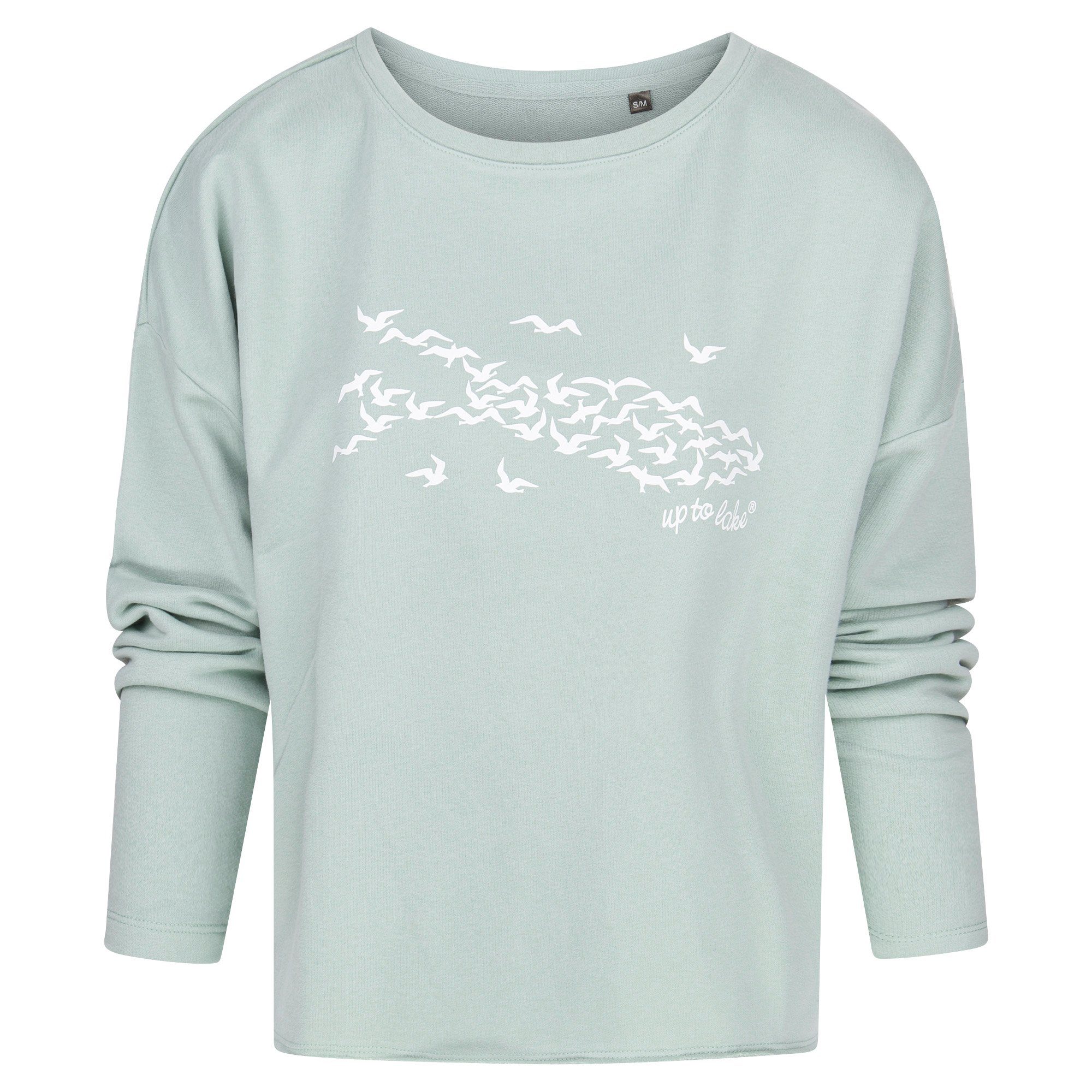 uptolake design Sweatshirt für Damen aus weichem Baumwollstoff mit "Mövensee-Bodensee" Design Sage/Weiß
