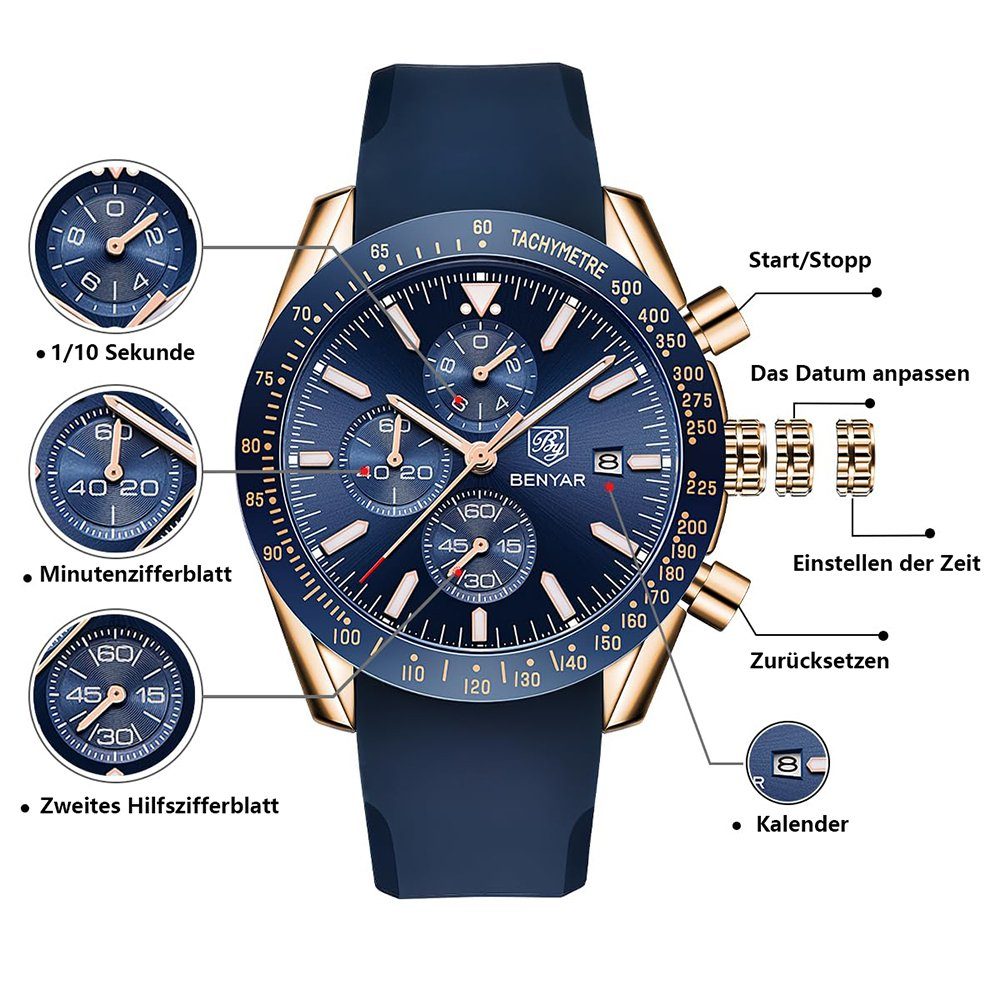 Datum Blau Business Armbanduhr leuchtende Uhr Analog lässig Herrenuhren GelldG Quarz Weiß,