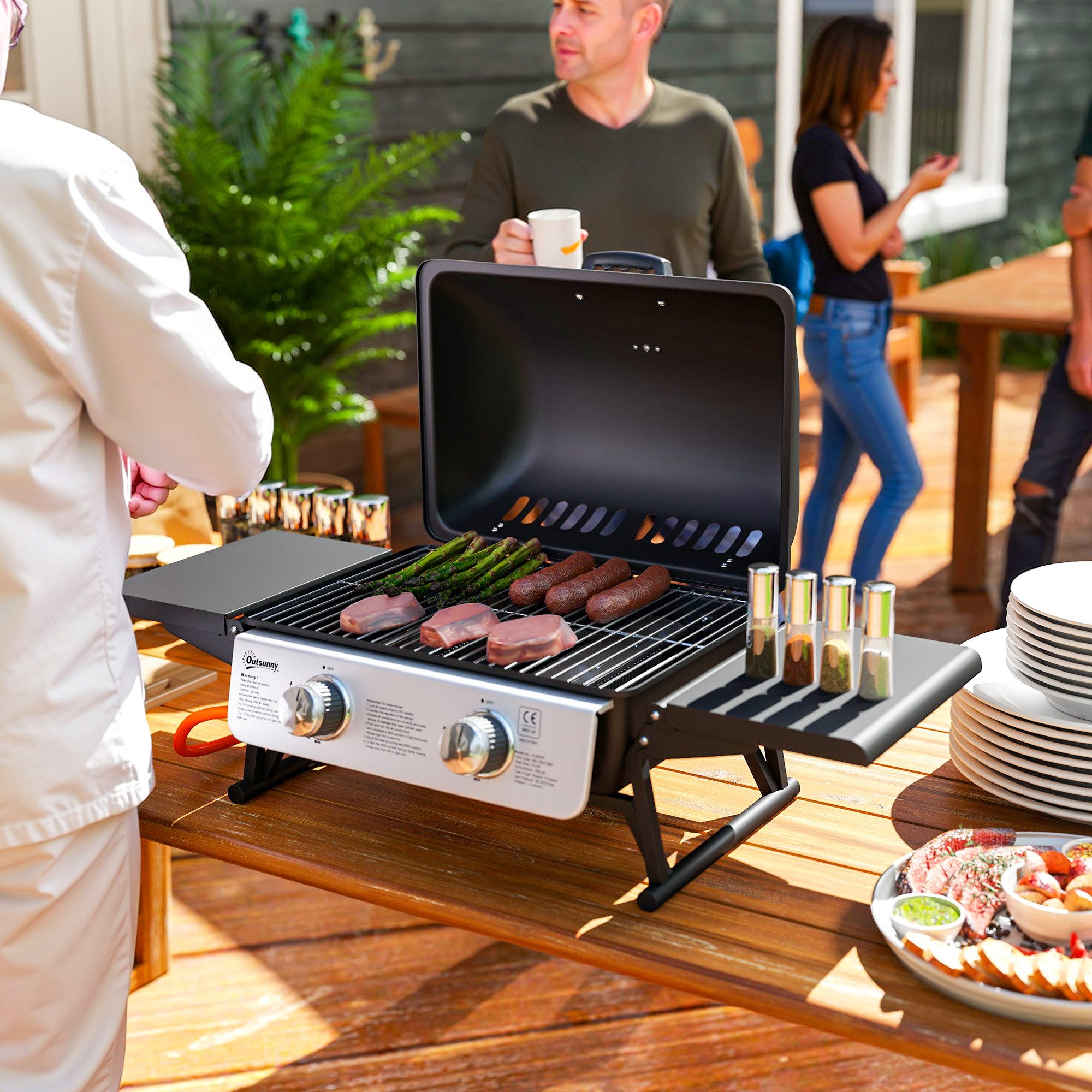 Outsunny Gasgrill 5,6 KW Gas-Grill inkl 2 Edelstahl-Brenner klappbar Seitenablagen, BBQ Gartengrill, 5,6 KW Gas-Grill, für Balkon, Camping-Grill 101 x 48 x 41 cm